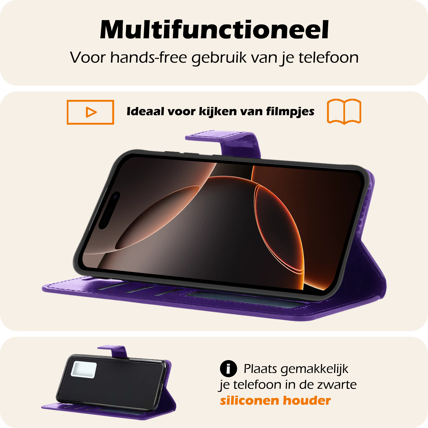 Nomfy Hoesje Geschikt voor iPhone 16 Pro Hoes Bookcase Flipcase Book Cover Met Screenprotector - Hoes Geschikt voor iPhone 16 Pro Hoesje Book Case - Paars