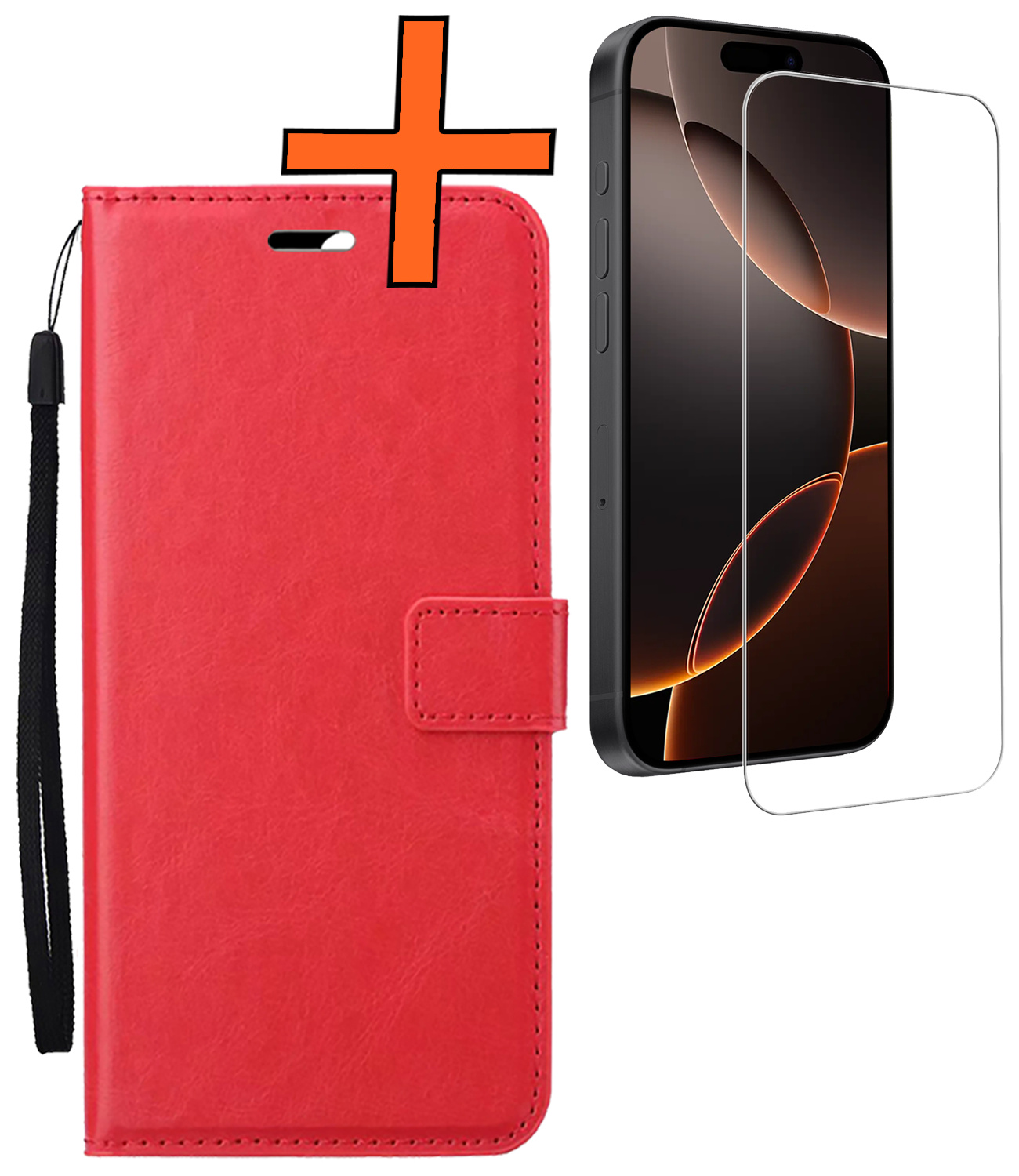 Nomfy Hoesje Geschikt voor iPhone 16 Pro Hoes Bookcase Flipcase Book Cover Met Screenprotector - Hoes Geschikt voor iPhone 16 Pro Hoesje Book Case - Rood