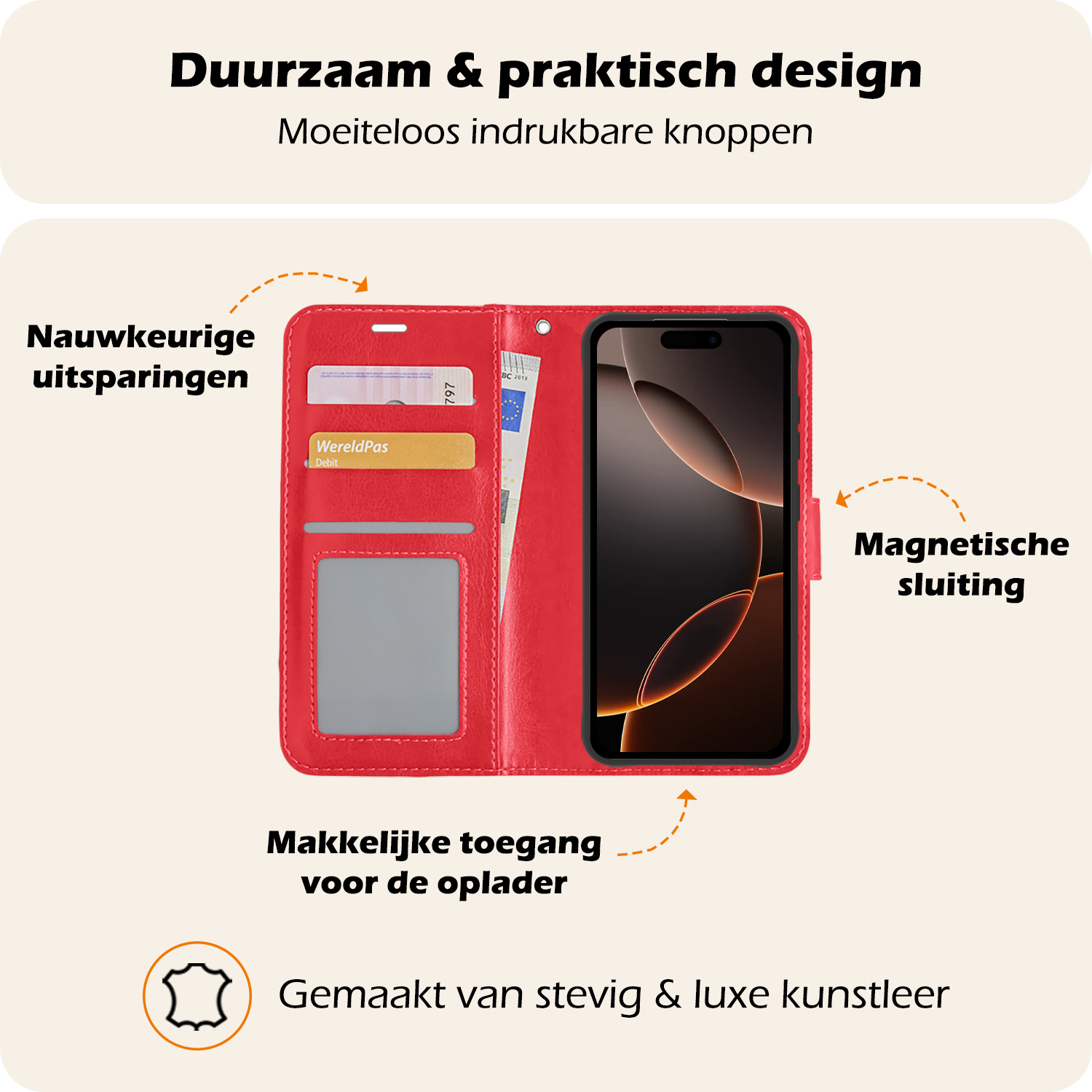 Nomfy Hoesje Geschikt voor iPhone 16 Pro Hoes Bookcase Flipcase Book Cover Met Screenprotector - Hoes Geschikt voor iPhone 16 Pro Hoesje Book Case - Rood