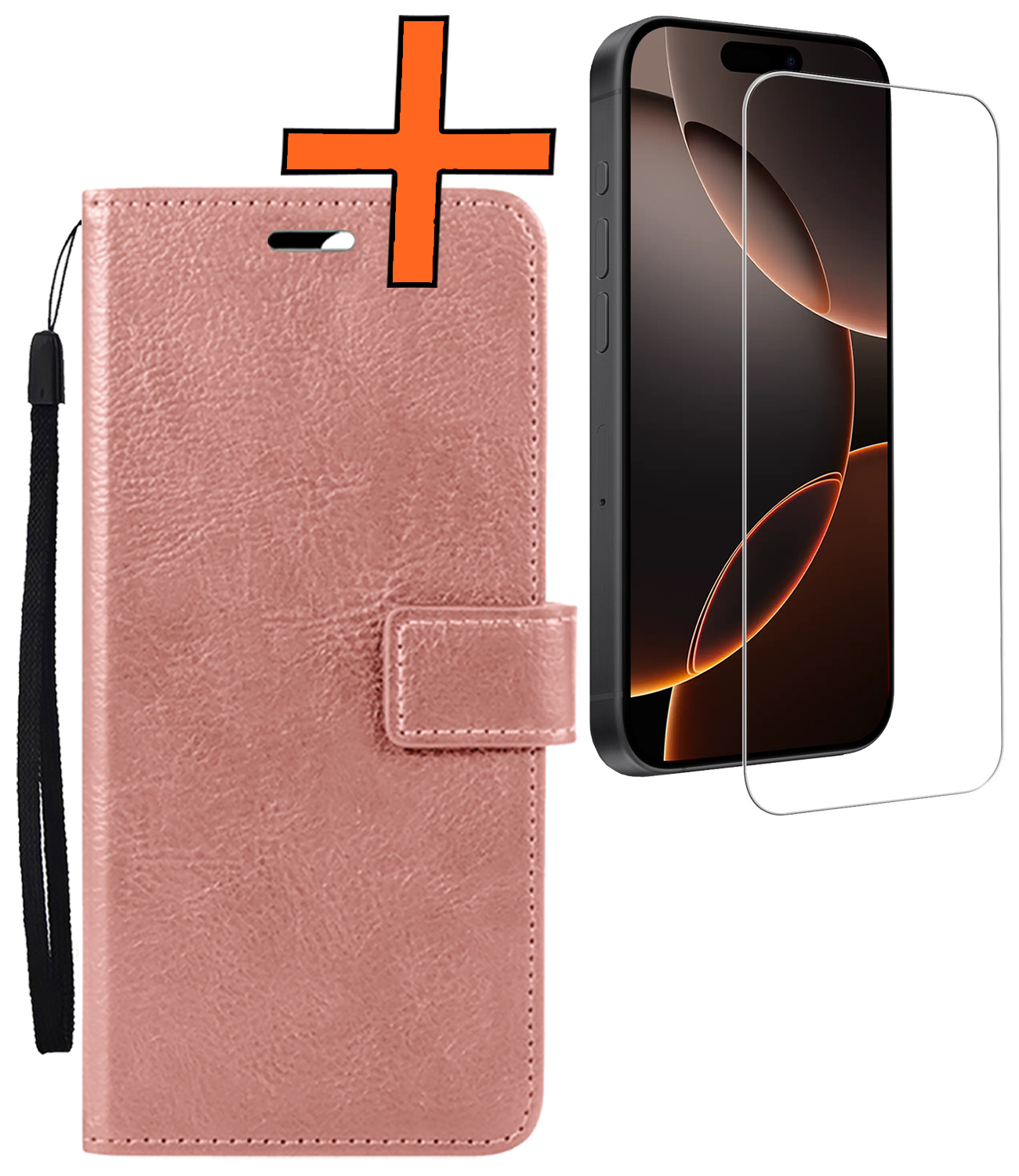 Nomfy Hoesje Geschikt voor iPhone 16 Pro Hoes Bookcase Flipcase Book Cover Met Screenprotector - Hoes Geschikt voor iPhone 16 Pro Hoesje Book Case - Rosé goud