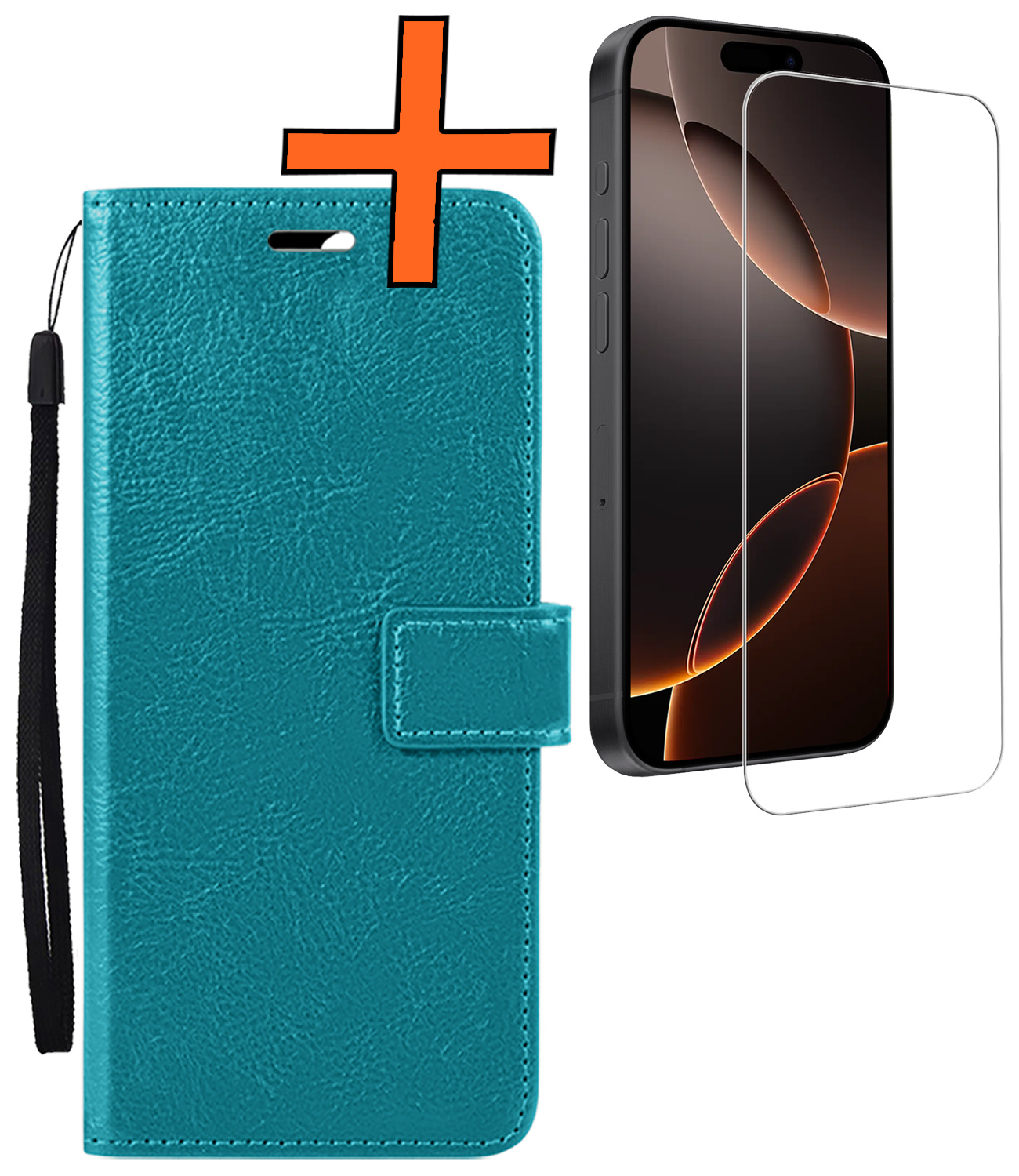 Nomfy Hoesje Geschikt voor iPhone 16 Pro Hoes Bookcase Flipcase Book Cover Met Screenprotector - Hoes Geschikt voor iPhone 16 Pro Hoesje Book Case - Turquoise
