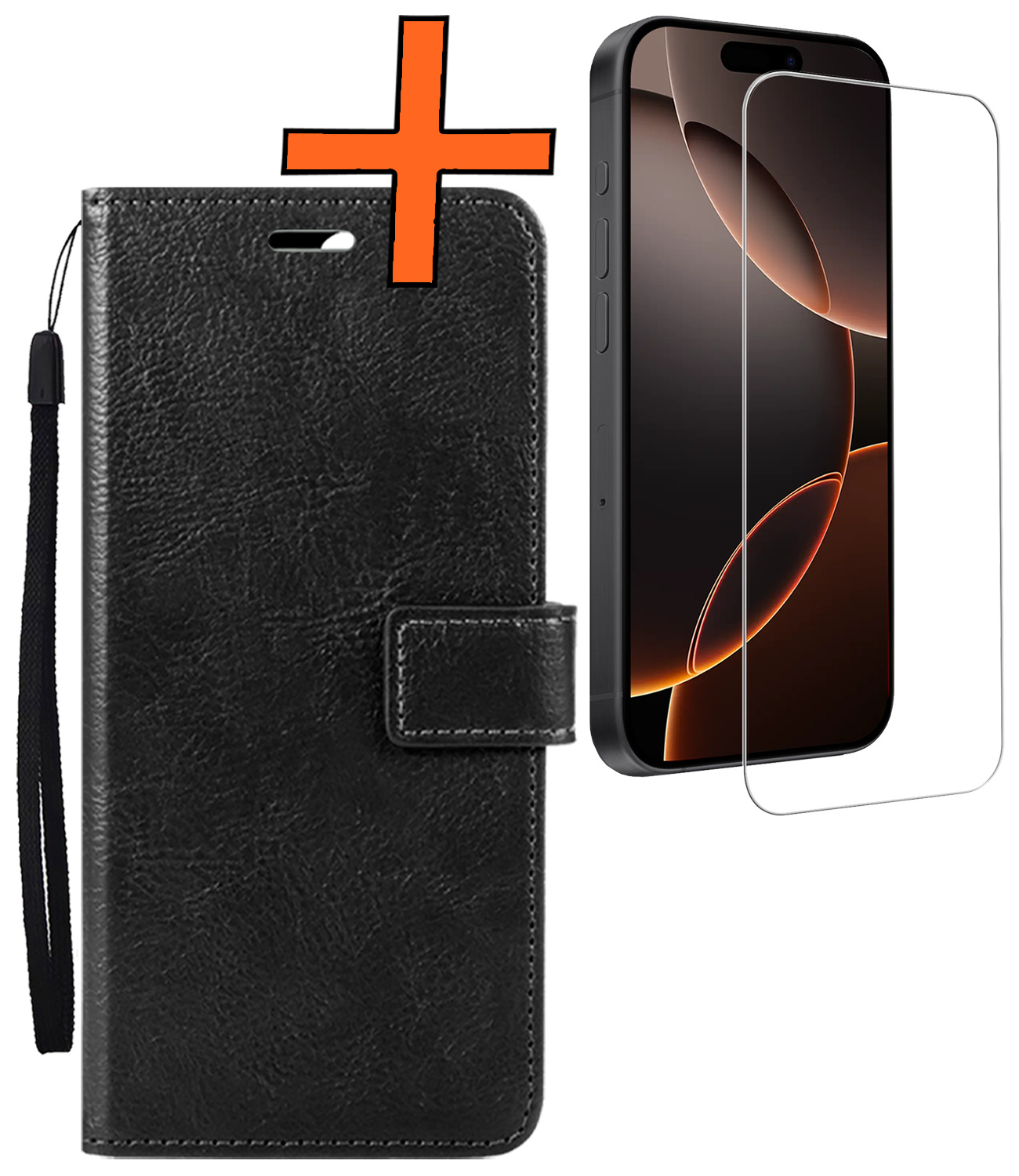 Nomfy Hoesje Geschikt voor iPhone 16 Pro Hoes Bookcase Flipcase Book Cover Met Screenprotector - Hoes Geschikt voor iPhone 16 Pro Hoesje Book Case - Zwart