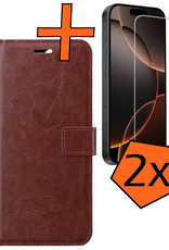 Nomfy Hoesje Geschikt voor iPhone 16 Pro Hoes Bookcase Flipcase Book Cover Met 2x Screenprotector - Hoes Geschikt voor iPhone 16 Pro Hoesje Book Case - Bruin