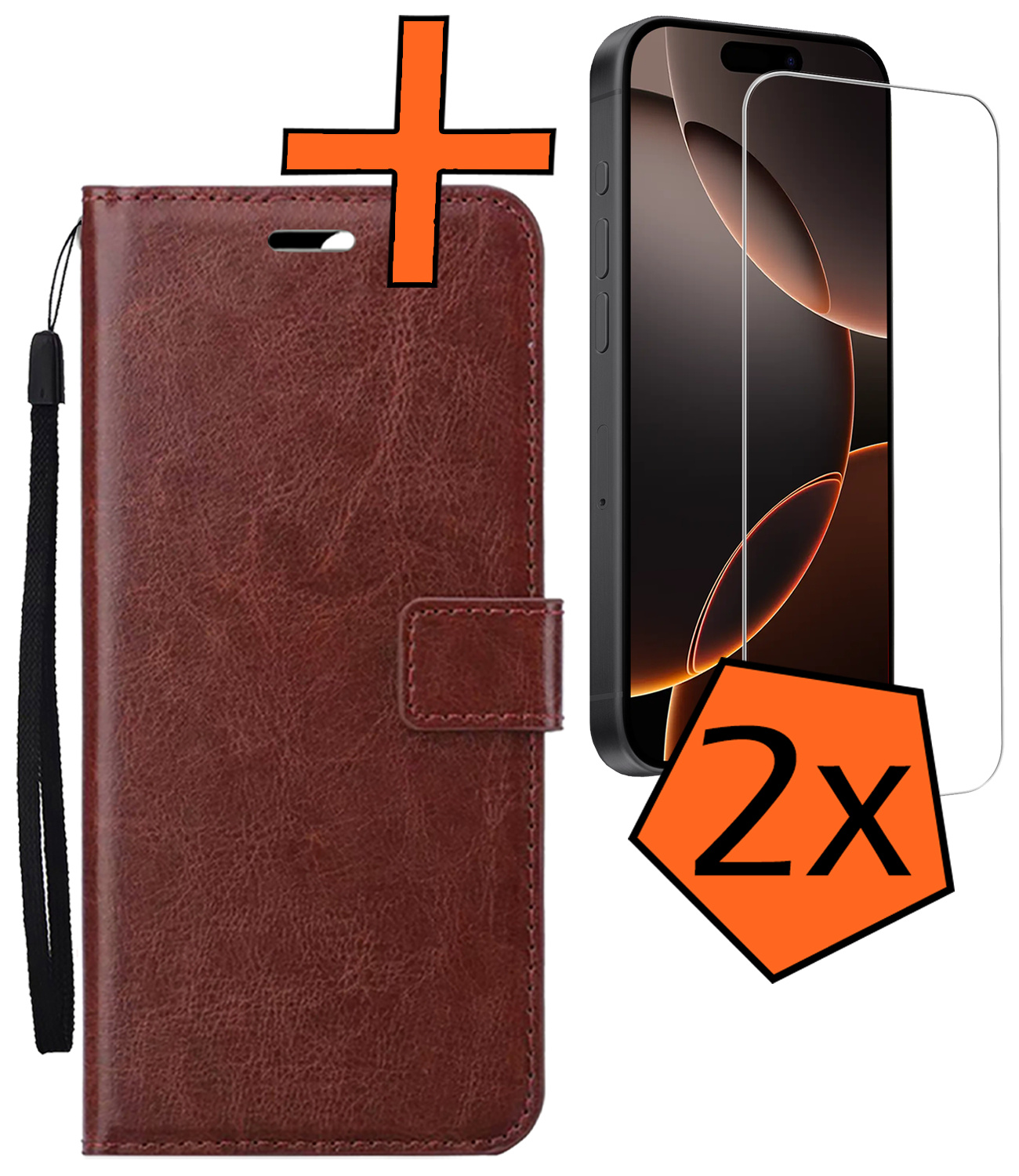 Nomfy Hoesje Geschikt voor iPhone 16 Pro Hoes Bookcase Flipcase Book Cover Met 2x Screenprotector - Hoes Geschikt voor iPhone 16 Pro Hoesje Book Case - Bruin