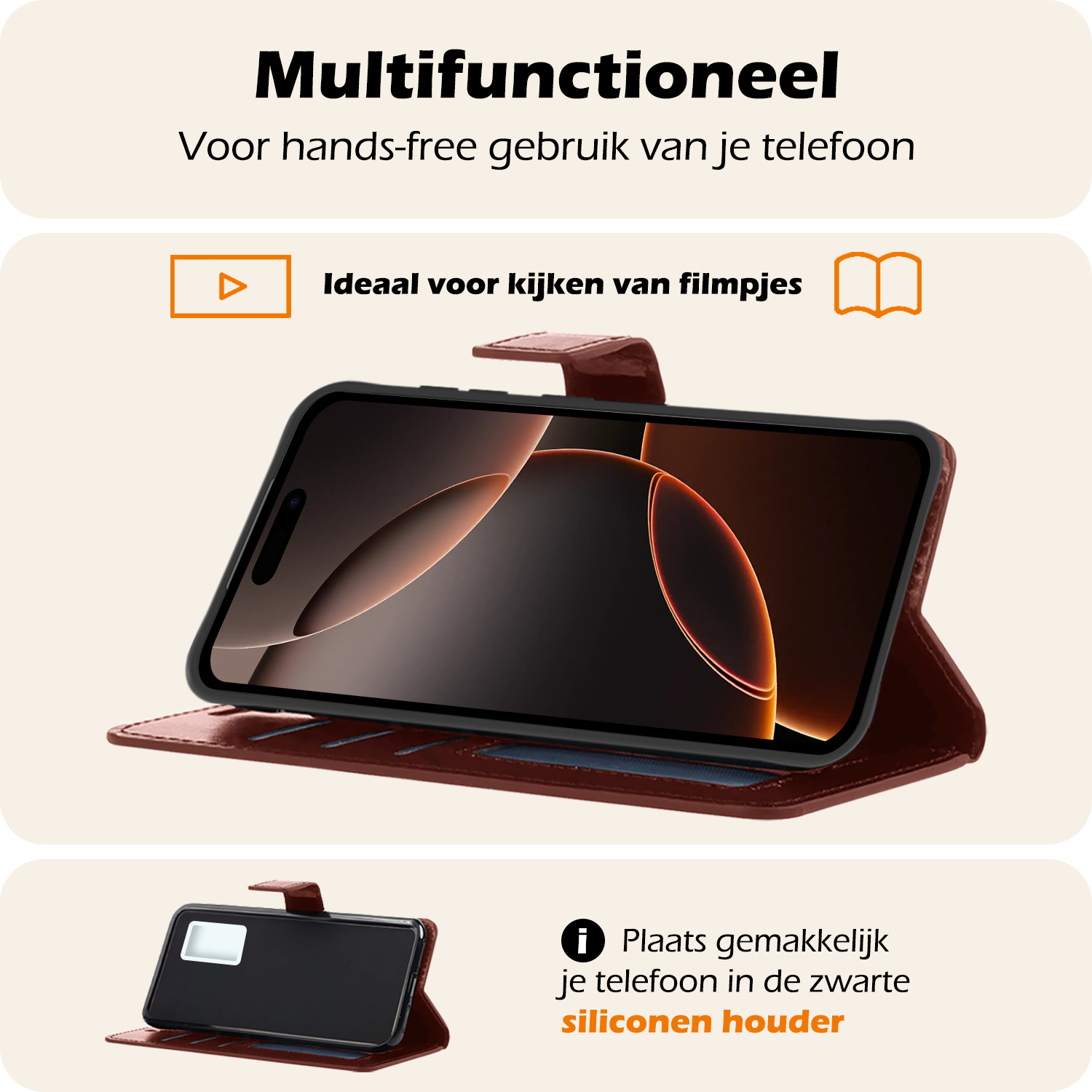 Nomfy Hoesje Geschikt voor iPhone 16 Pro Hoes Bookcase Flipcase Book Cover Met 2x Screenprotector - Hoes Geschikt voor iPhone 16 Pro Hoesje Book Case - Bruin