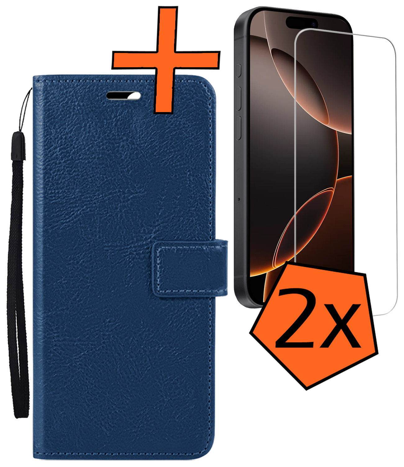 Nomfy Hoesje Geschikt voor iPhone 16 Pro Hoes Bookcase Flipcase Book Cover Met 2x Screenprotector - Hoes Geschikt voor iPhone 16 Pro Hoesje Book Case - Donkerblauw