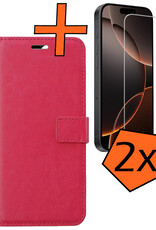 Nomfy Hoesje Geschikt voor iPhone 16 Pro Hoes Bookcase Flipcase Book Cover Met 2x Screenprotector - Hoes Geschikt voor iPhone 16 Pro Hoesje Book Case - Donkerroze