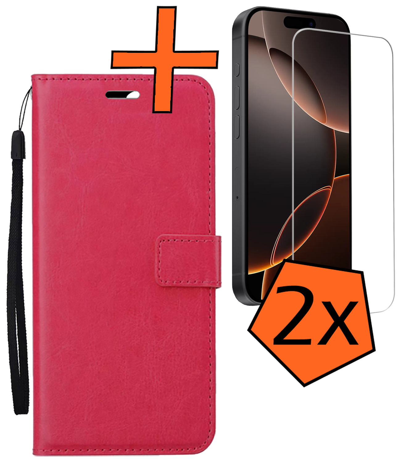 Nomfy Hoesje Geschikt voor iPhone 16 Pro Hoes Bookcase Flipcase Book Cover Met 2x Screenprotector - Hoes Geschikt voor iPhone 16 Pro Hoesje Book Case - Donkerroze