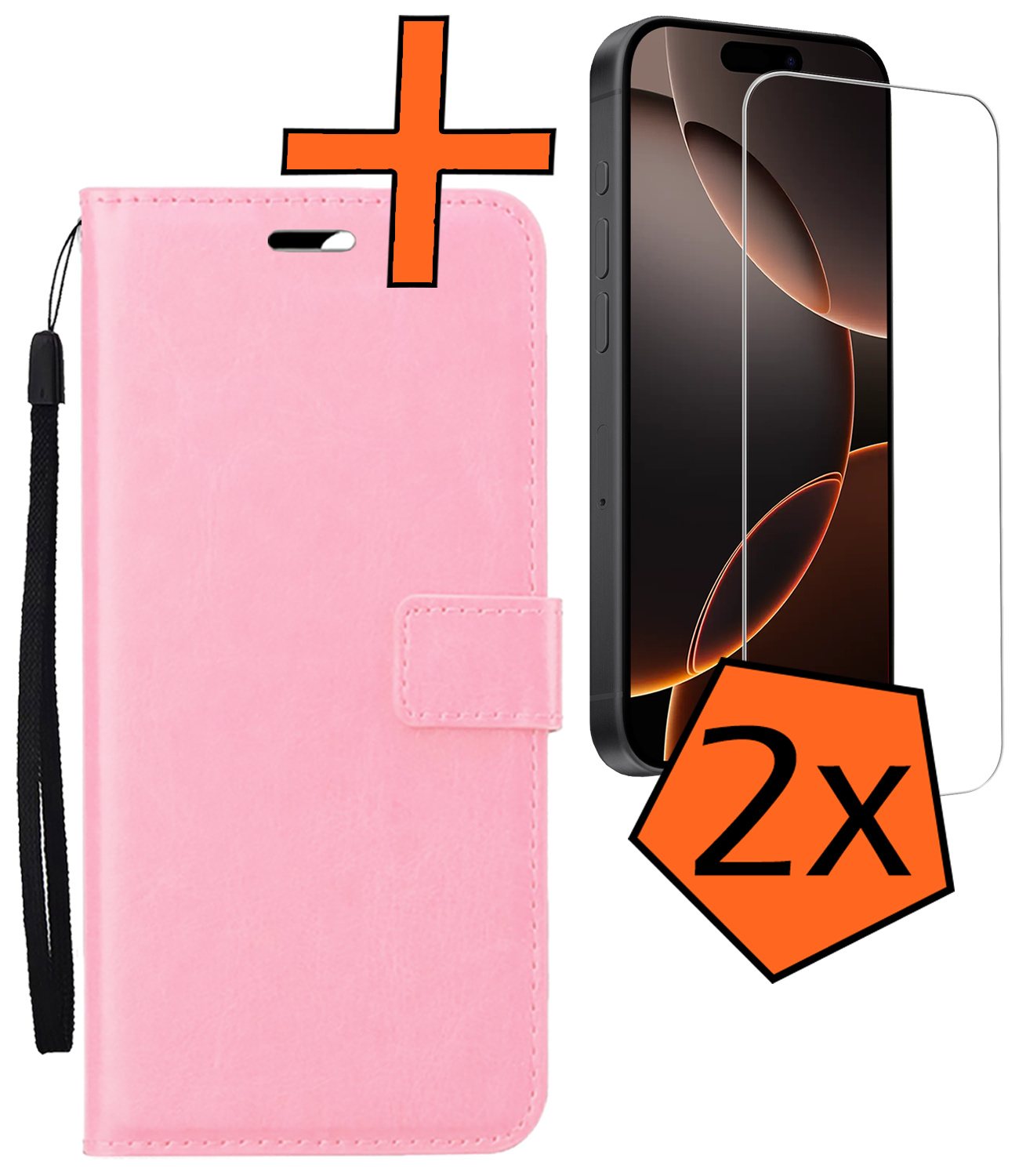 Nomfy Hoesje Geschikt voor iPhone 16 Pro Hoes Bookcase Flipcase Book Cover Met 2x Screenprotector - Hoes Geschikt voor iPhone 16 Pro Hoesje Book Case - Lichtroze