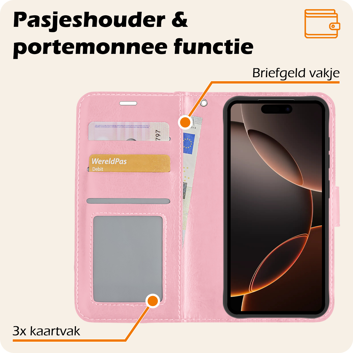 Nomfy Hoesje Geschikt voor iPhone 16 Pro Hoes Bookcase Flipcase Book Cover Met 2x Screenprotector - Hoes Geschikt voor iPhone 16 Pro Hoesje Book Case - Lichtroze