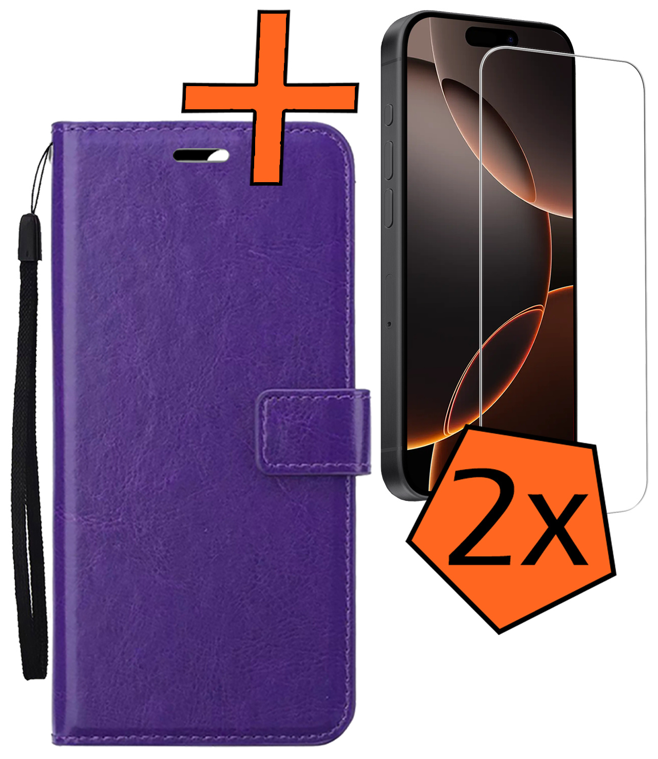 Nomfy Hoesje Geschikt voor iPhone 16 Pro Hoes Bookcase Flipcase Book Cover Met 2x Screenprotector - Hoes Geschikt voor iPhone 16 Pro Hoesje Book Case - Paars