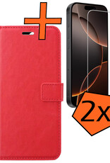 Nomfy Hoesje Geschikt voor iPhone 16 Pro Hoes Bookcase Flipcase Book Cover Met 2x Screenprotector - Hoes Geschikt voor iPhone 16 Pro Hoesje Book Case - Rood