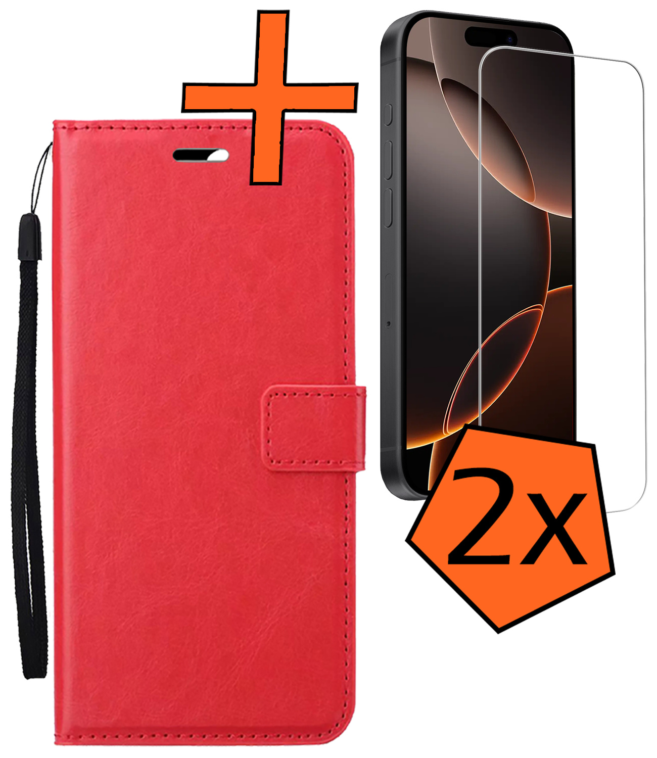 Nomfy Hoesje Geschikt voor iPhone 16 Pro Hoes Bookcase Flipcase Book Cover Met 2x Screenprotector - Hoes Geschikt voor iPhone 16 Pro Hoesje Book Case - Rood