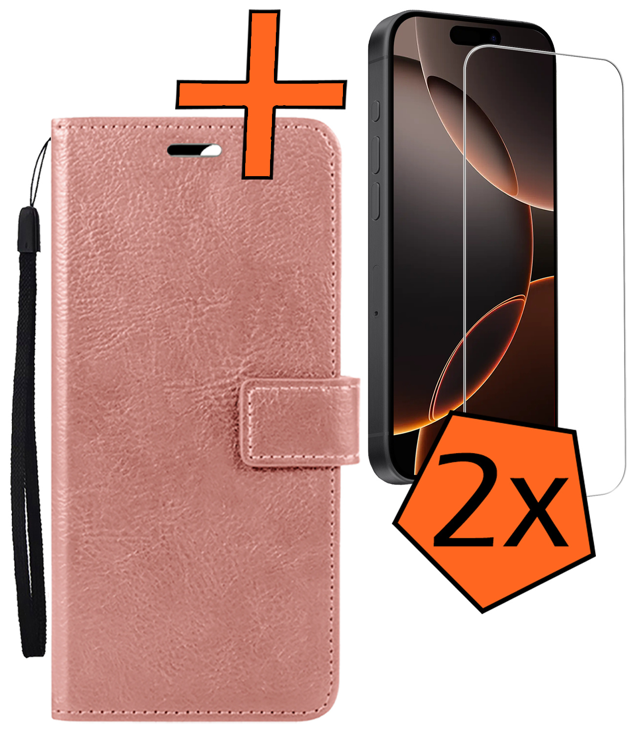 Nomfy Hoesje Geschikt voor iPhone 16 Pro Hoes Bookcase Flipcase Book Cover Met 2x Screenprotector - Hoes Geschikt voor iPhone 16 Pro Hoesje Book Case - Rosé goud
