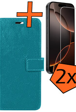 Nomfy Hoesje Geschikt voor iPhone 16 Pro Hoes Bookcase Flipcase Book Cover Met 2x Screenprotector - Hoes Geschikt voor iPhone 16 Pro Hoesje Book Case - Turquoise