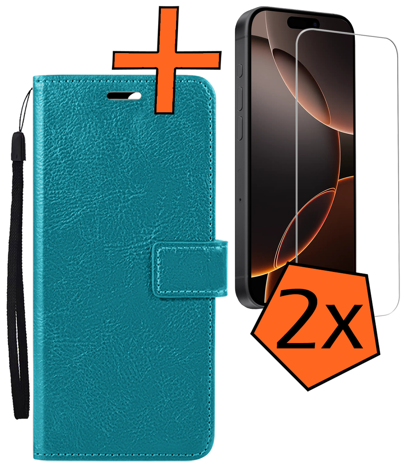 Nomfy Hoesje Geschikt voor iPhone 16 Pro Hoes Bookcase Flipcase Book Cover Met 2x Screenprotector - Hoes Geschikt voor iPhone 16 Pro Hoesje Book Case - Turquoise