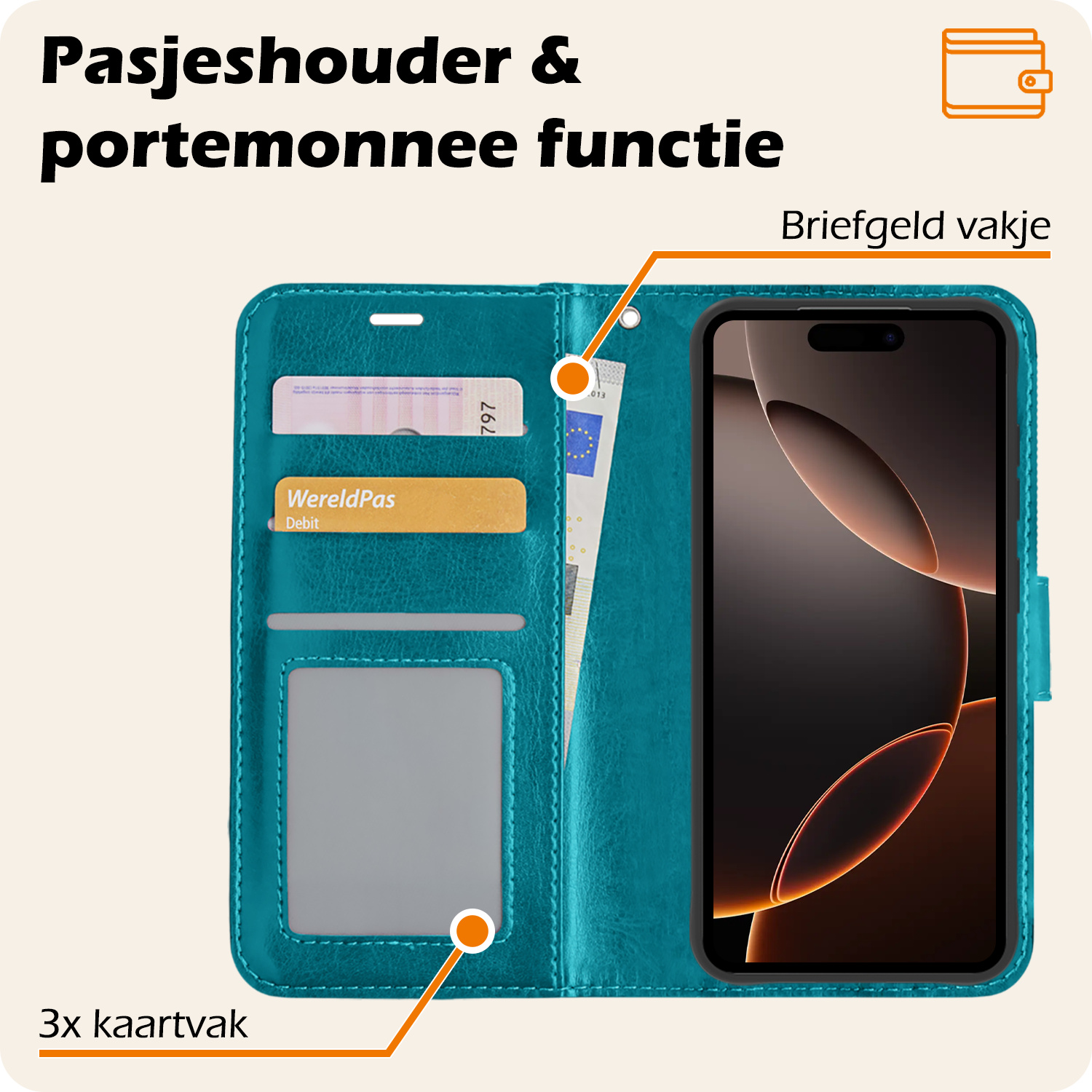 Nomfy Hoesje Geschikt voor iPhone 16 Pro Hoes Bookcase Flipcase Book Cover Met 2x Screenprotector - Hoes Geschikt voor iPhone 16 Pro Hoesje Book Case - Turquoise