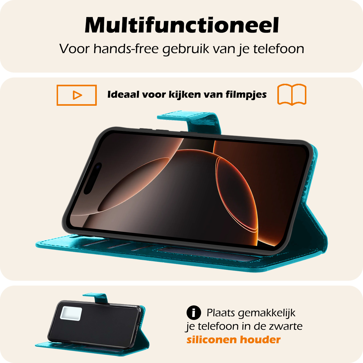 Nomfy Hoesje Geschikt voor iPhone 16 Pro Hoes Bookcase Flipcase Book Cover Met 2x Screenprotector - Hoes Geschikt voor iPhone 16 Pro Hoesje Book Case - Turquoise