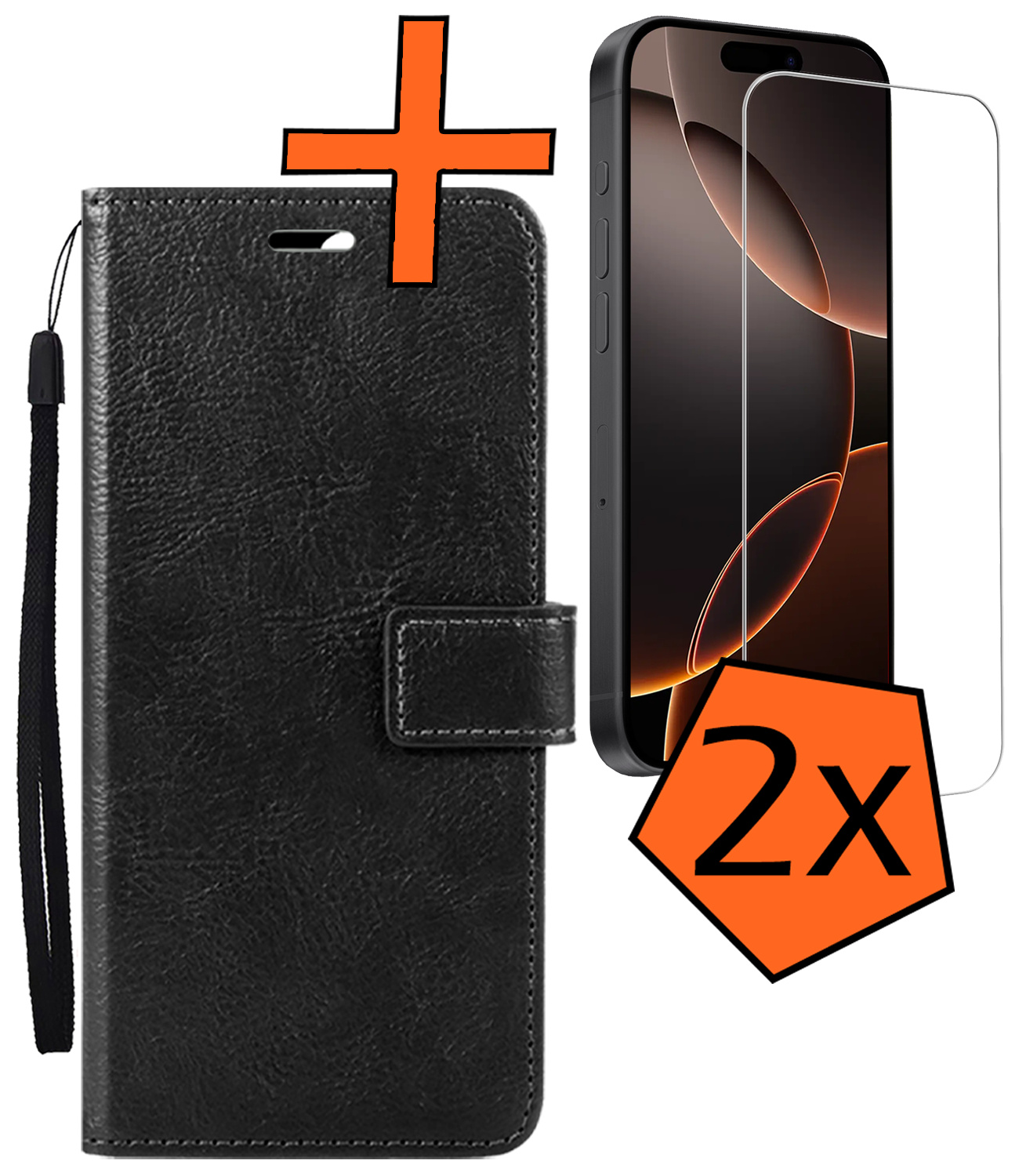 Nomfy Hoesje Geschikt voor iPhone 16 Pro Hoes Bookcase Flipcase Book Cover Met 2x Screenprotector - Hoes Geschikt voor iPhone 16 Pro Hoesje Book Case - Zwart