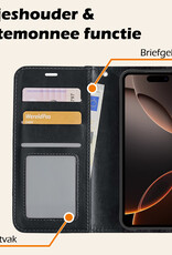 Nomfy Hoesje Geschikt voor iPhone 16 Pro Hoes Bookcase Flipcase Book Cover Met 2x Screenprotector - Hoes Geschikt voor iPhone 16 Pro Hoesje Book Case - Zwart