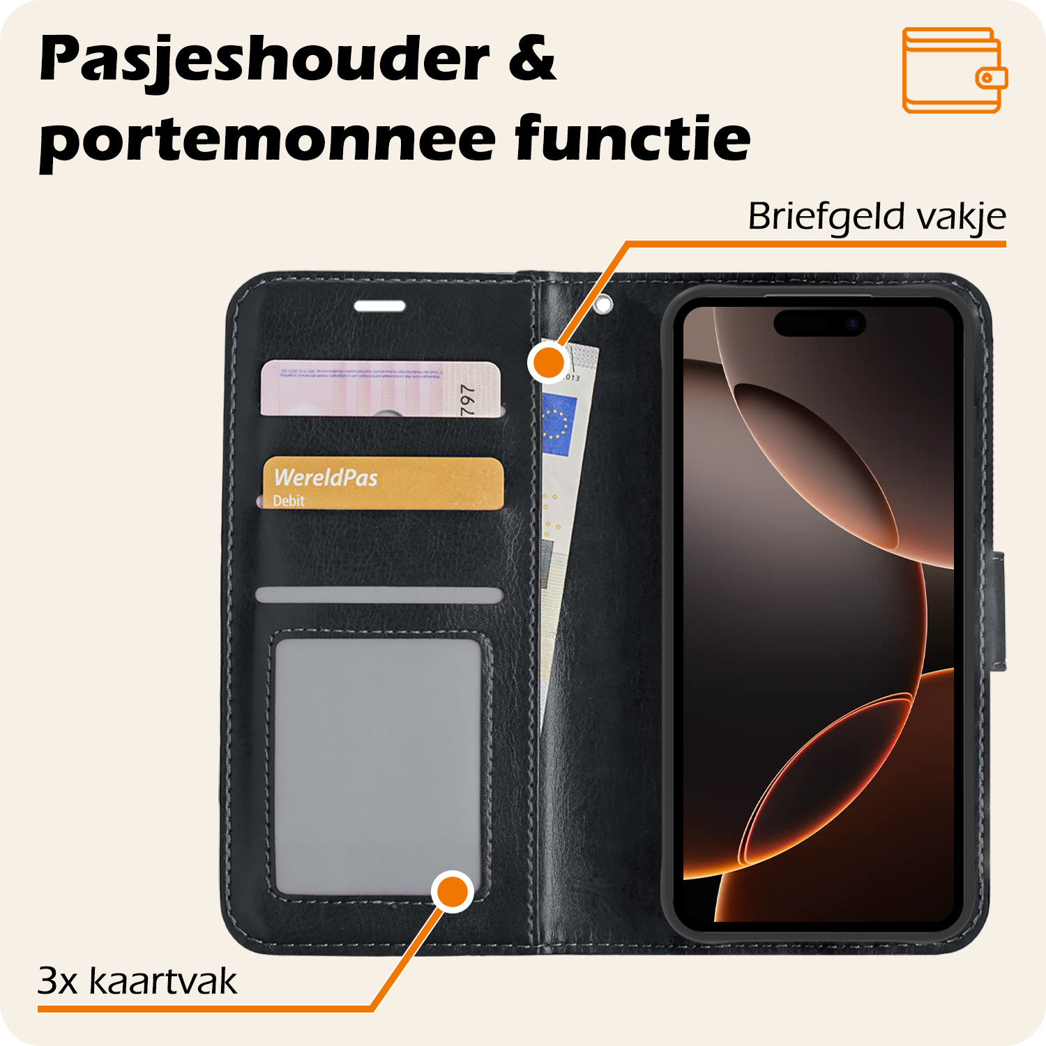 Nomfy Hoesje Geschikt voor iPhone 16 Pro Hoes Bookcase Flipcase Book Cover Met 2x Screenprotector - Hoes Geschikt voor iPhone 16 Pro Hoesje Book Case - Zwart