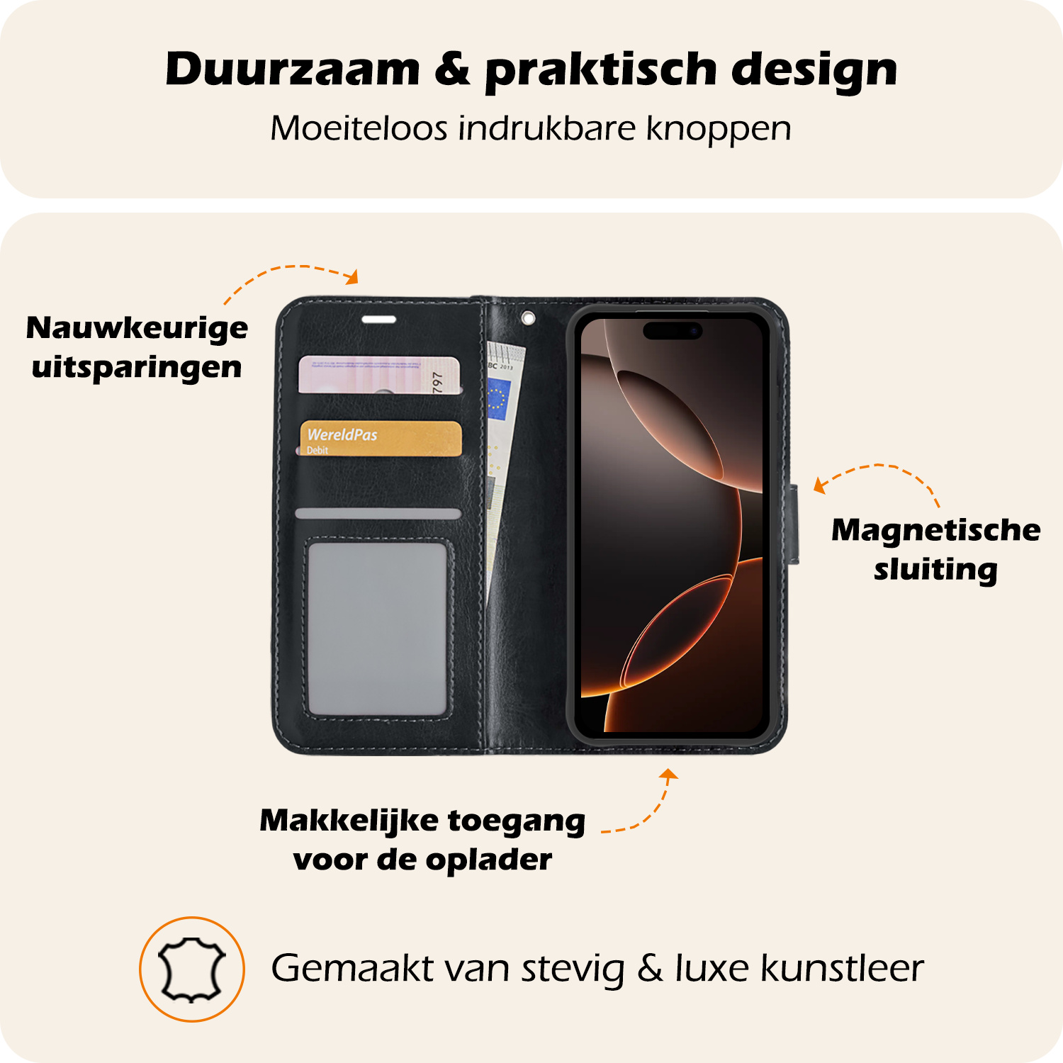Nomfy Hoesje Geschikt voor iPhone 16 Pro Hoes Bookcase Flipcase Book Cover Met 2x Screenprotector - Hoes Geschikt voor iPhone 16 Pro Hoesje Book Case - Zwart