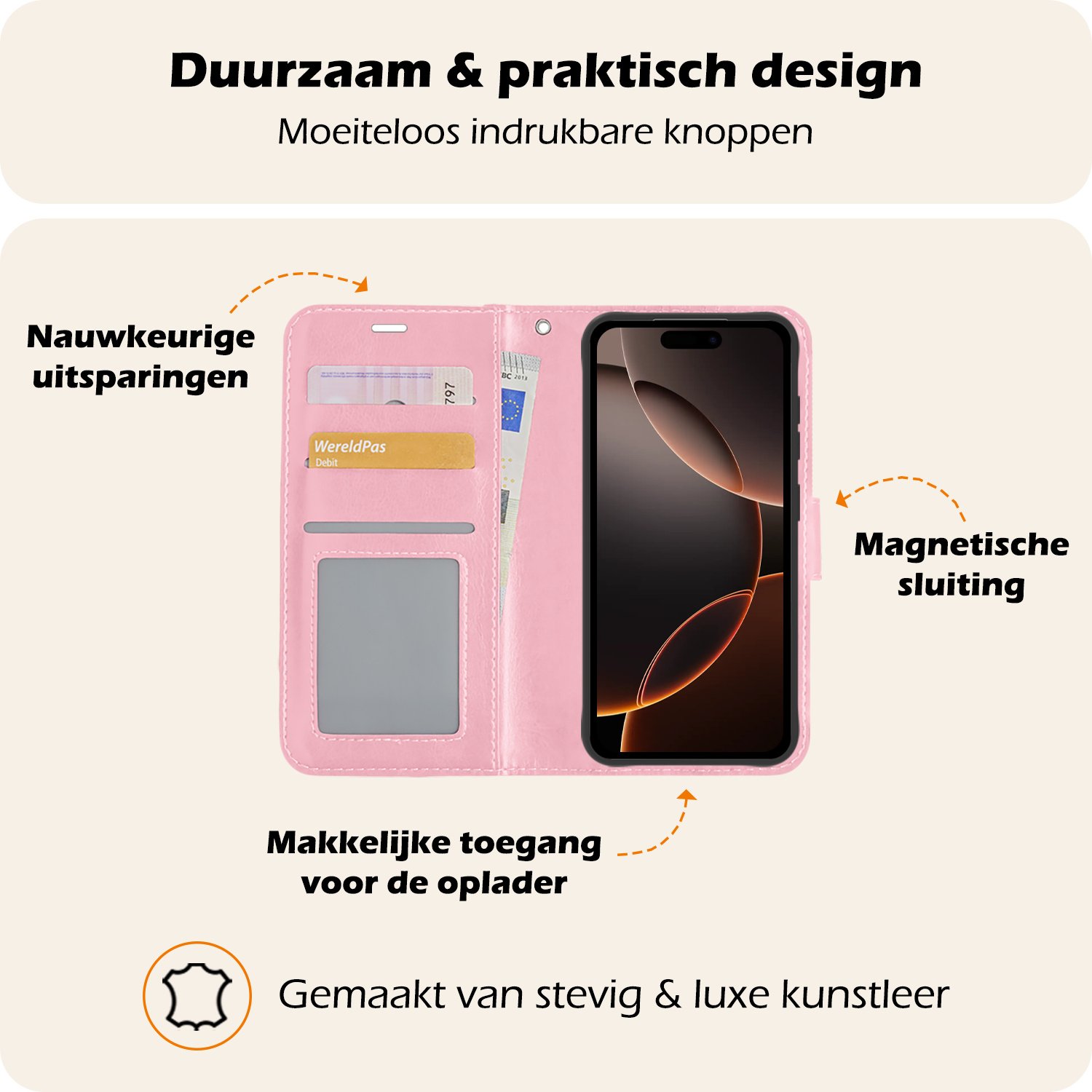 Nomfy Hoesje Geschikt voor iPhone 16 Pro Max Hoes Bookcase Flipcase Book Cover - Hoes Geschikt voor iPhone 16 Pro Max Hoesje Book Case - Lichtroze