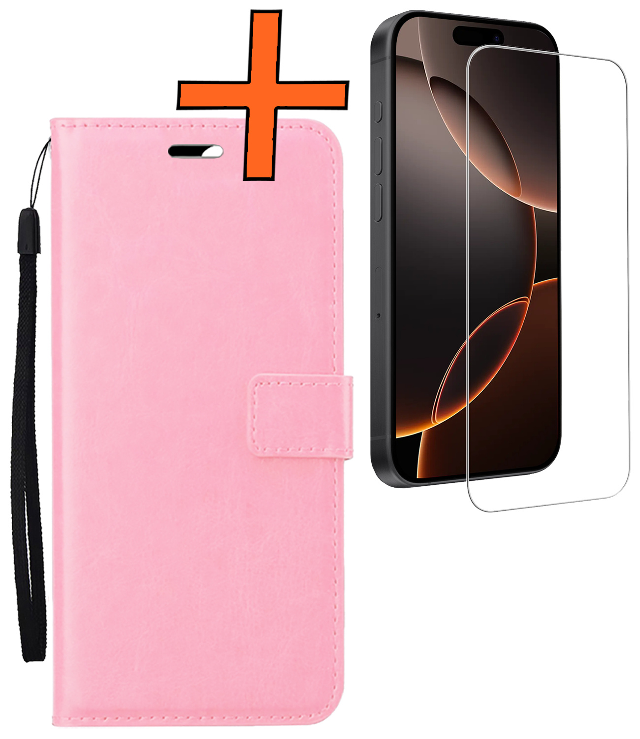 Nomfy Hoesje Geschikt voor iPhone 16 Pro Max Hoes Bookcase Flipcase Book Cover Met Screenprotector - Hoes Geschikt voor iPhone 16 Pro Max Hoesje Book Case - Lichtroze