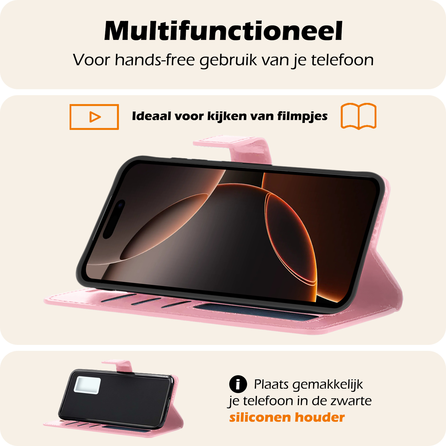 Nomfy Hoesje Geschikt voor iPhone 16 Pro Max Hoes Bookcase Flipcase Book Cover Met Screenprotector - Hoes Geschikt voor iPhone 16 Pro Max Hoesje Book Case - Lichtroze