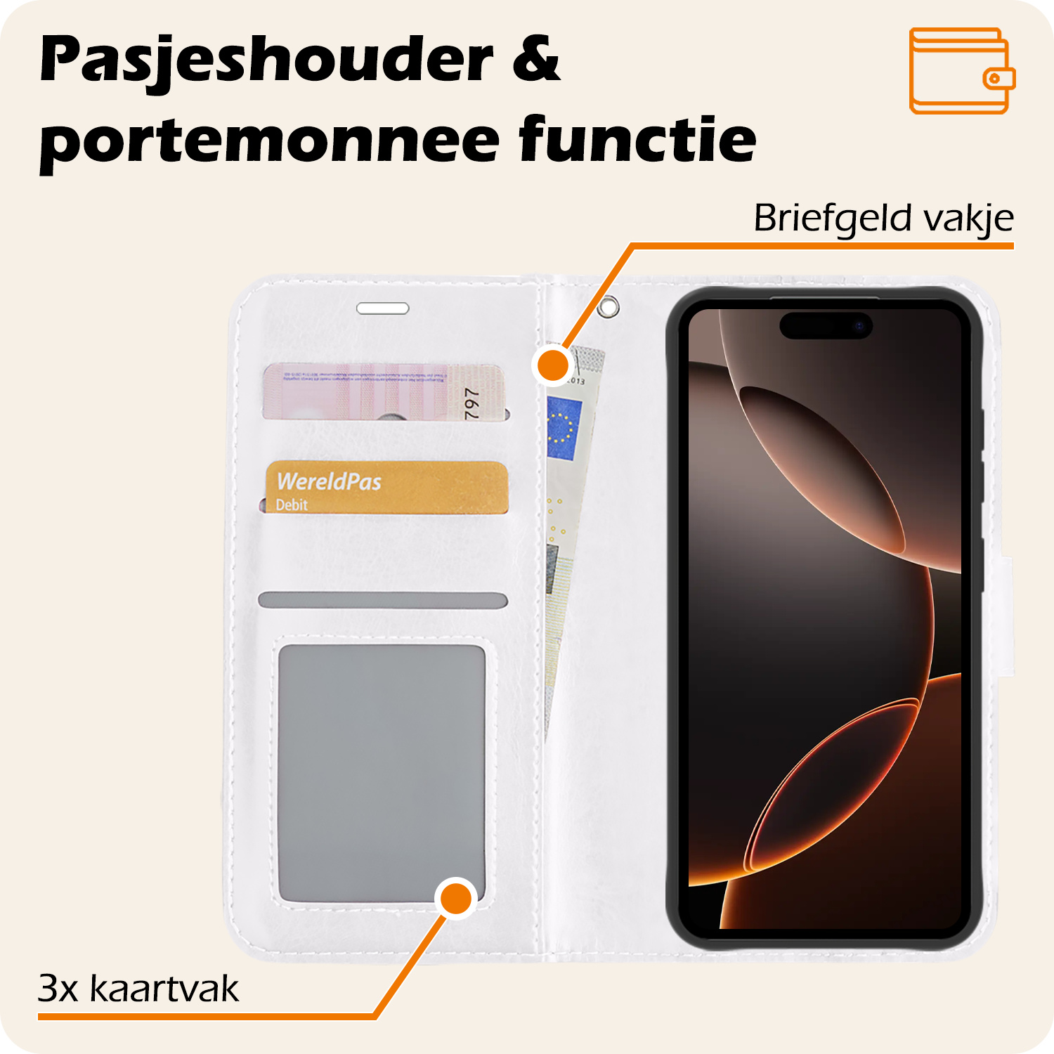Nomfy Hoesje Geschikt voor iPhone 16 Pro Max Hoes Bookcase Flipcase Book Cover Met Screenprotector - Hoes Geschikt voor iPhone 16 Pro Max Hoesje Book Case - Wit