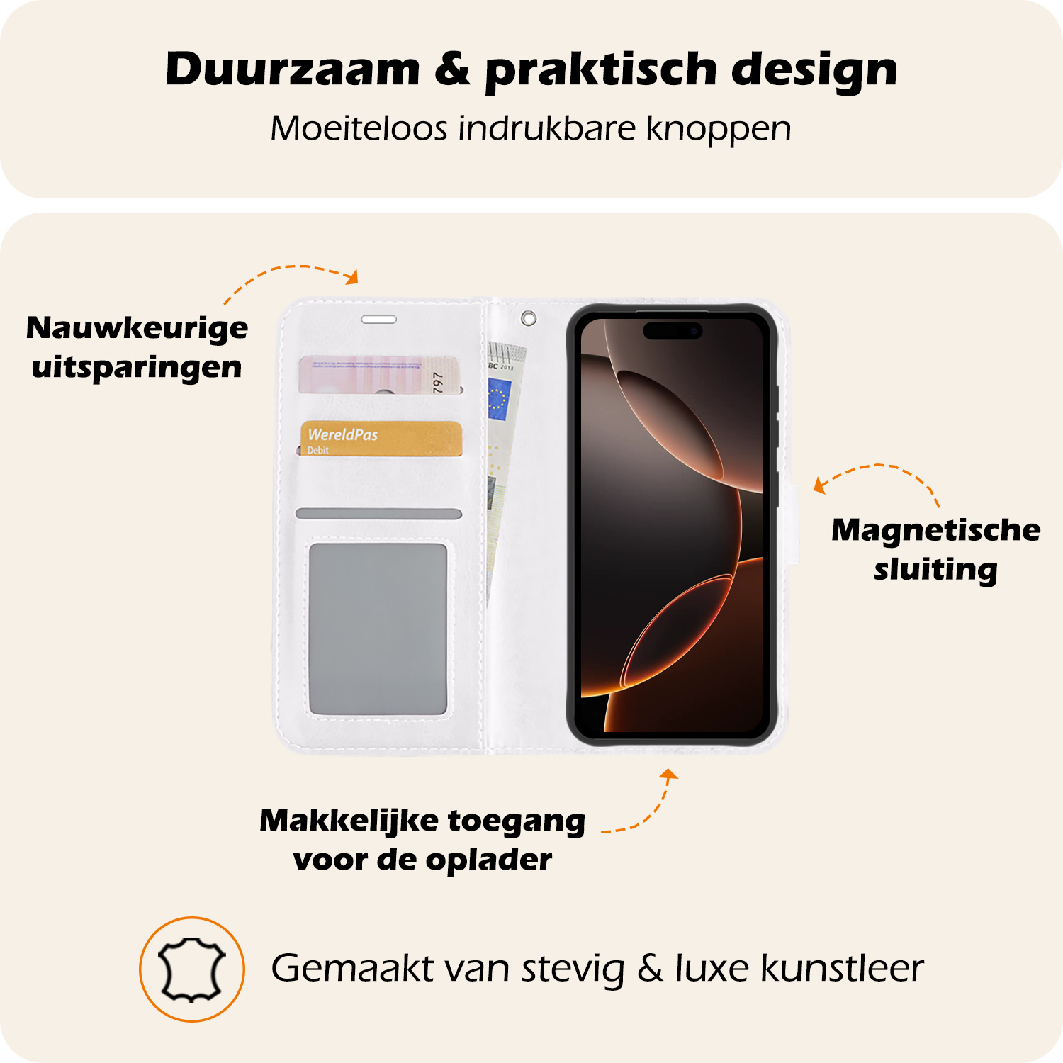 Nomfy Hoesje Geschikt voor iPhone 16 Pro Max Hoes Bookcase Flipcase Book Cover Met Screenprotector - Hoes Geschikt voor iPhone 16 Pro Max Hoesje Book Case - Wit