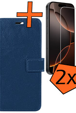 Nomfy Hoesje Geschikt voor iPhone 16 Pro Max Hoes Bookcase Flipcase Book Cover Met 2x Screenprotector - Hoes Geschikt voor iPhone 16 Pro Max Hoesje Book Case - Donkerblauw