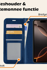 Nomfy Hoesje Geschikt voor iPhone 16 Pro Max Hoes Bookcase Flipcase Book Cover Met 2x Screenprotector - Hoes Geschikt voor iPhone 16 Pro Max Hoesje Book Case - Donkerblauw