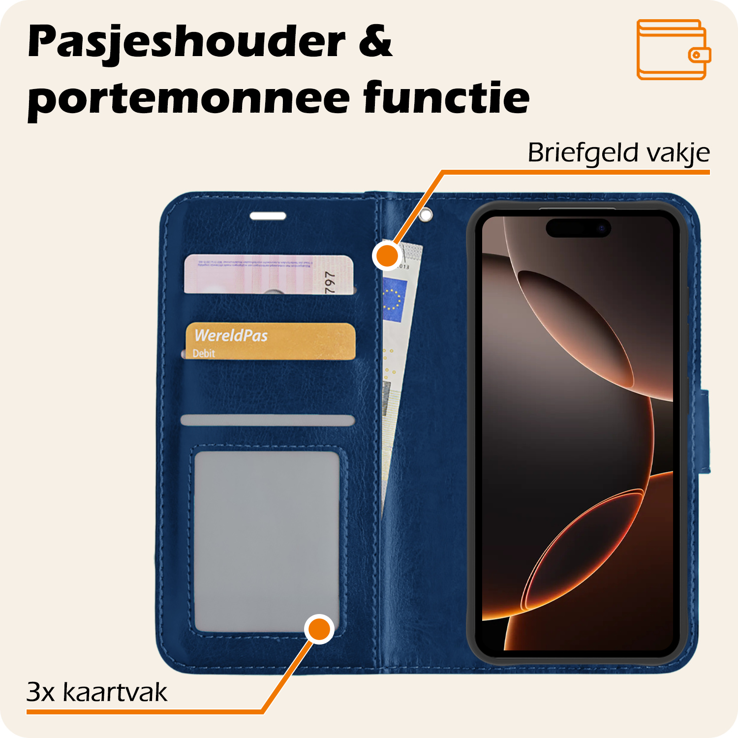 Nomfy Hoesje Geschikt voor iPhone 16 Pro Max Hoes Bookcase Flipcase Book Cover Met 2x Screenprotector - Hoes Geschikt voor iPhone 16 Pro Max Hoesje Book Case - Donkerblauw