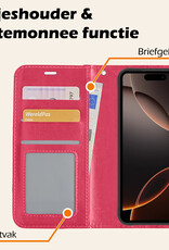 Nomfy Hoesje Geschikt voor iPhone 16 Pro Max Hoes Bookcase Flipcase Book Cover Met 2x Screenprotector - Hoes Geschikt voor iPhone 16 Pro Max Hoesje Book Case - Donkerroze