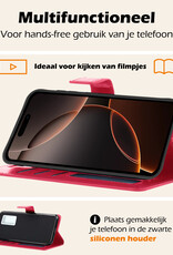 Nomfy Hoesje Geschikt voor iPhone 16 Pro Max Hoes Bookcase Flipcase Book Cover Met 2x Screenprotector - Hoes Geschikt voor iPhone 16 Pro Max Hoesje Book Case - Donkerroze