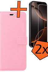 Nomfy Hoesje Geschikt voor iPhone 16 Pro Max Hoes Bookcase Flipcase Book Cover Met 2x Screenprotector - Hoes Geschikt voor iPhone 16 Pro Max Hoesje Book Case - Lichtroze