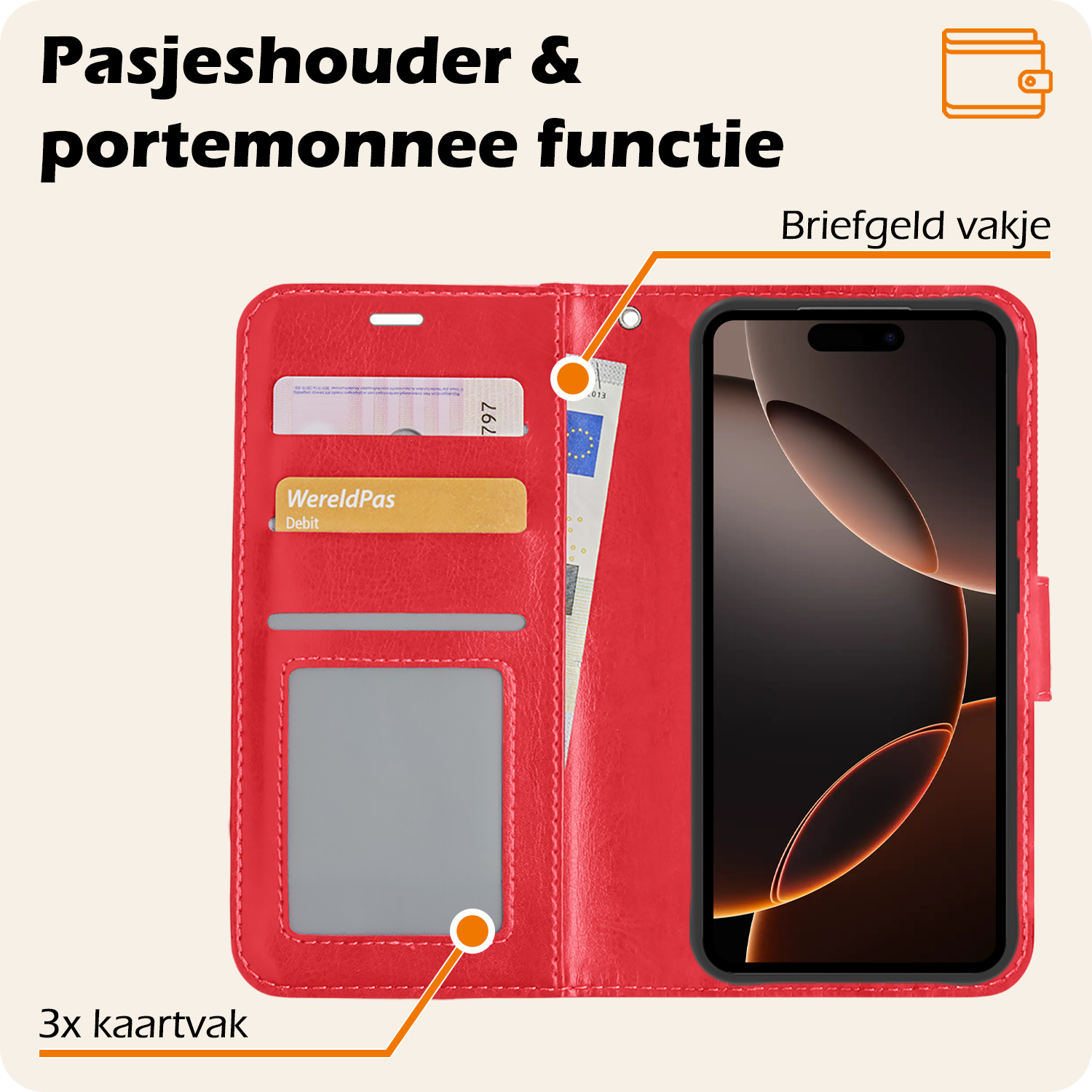 Nomfy Hoesje Geschikt voor iPhone 16 Pro Max Hoes Bookcase Flipcase Book Cover Met 2x Screenprotector - Hoes Geschikt voor iPhone 16 Pro Max Hoesje Book Case - Rood