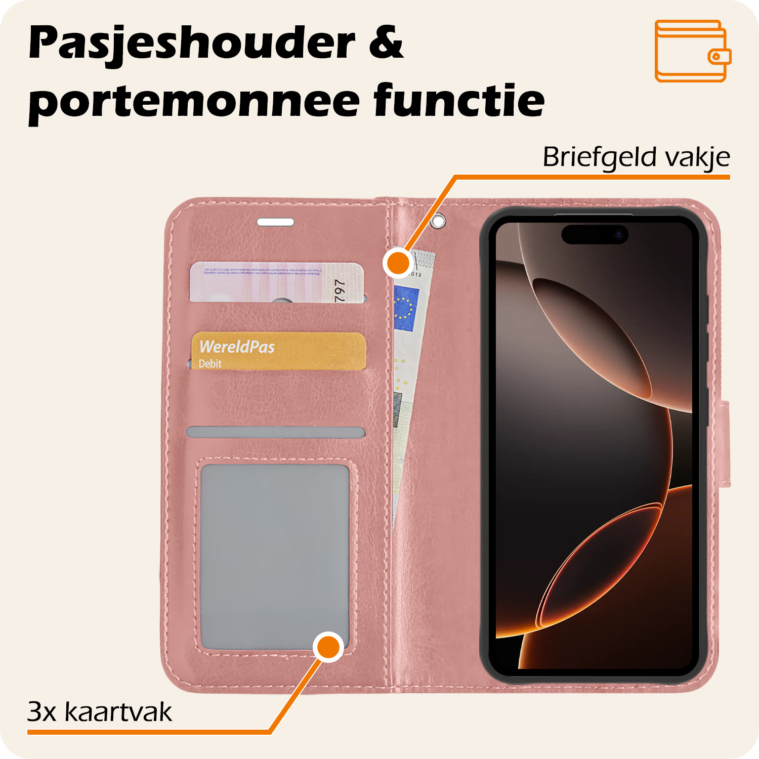 Nomfy Hoesje Geschikt voor iPhone 16 Pro Max Hoes Bookcase Flipcase Book Cover Met 2x Screenprotector - Hoes Geschikt voor iPhone 16 Pro Max Hoesje Book Case - Rosé goud