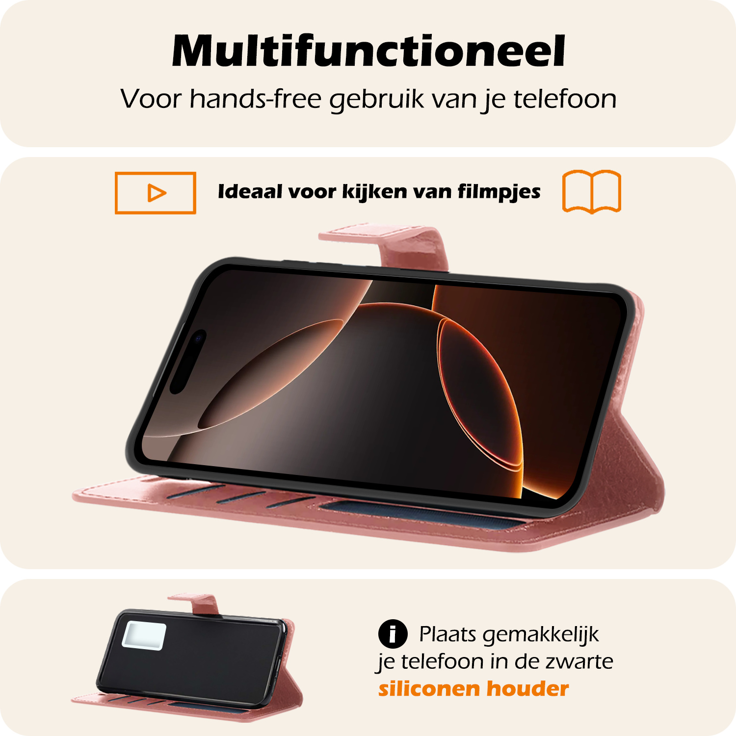 Nomfy Hoesje Geschikt voor iPhone 16 Pro Max Hoes Bookcase Flipcase Book Cover Met 2x Screenprotector - Hoes Geschikt voor iPhone 16 Pro Max Hoesje Book Case - Rosé goud