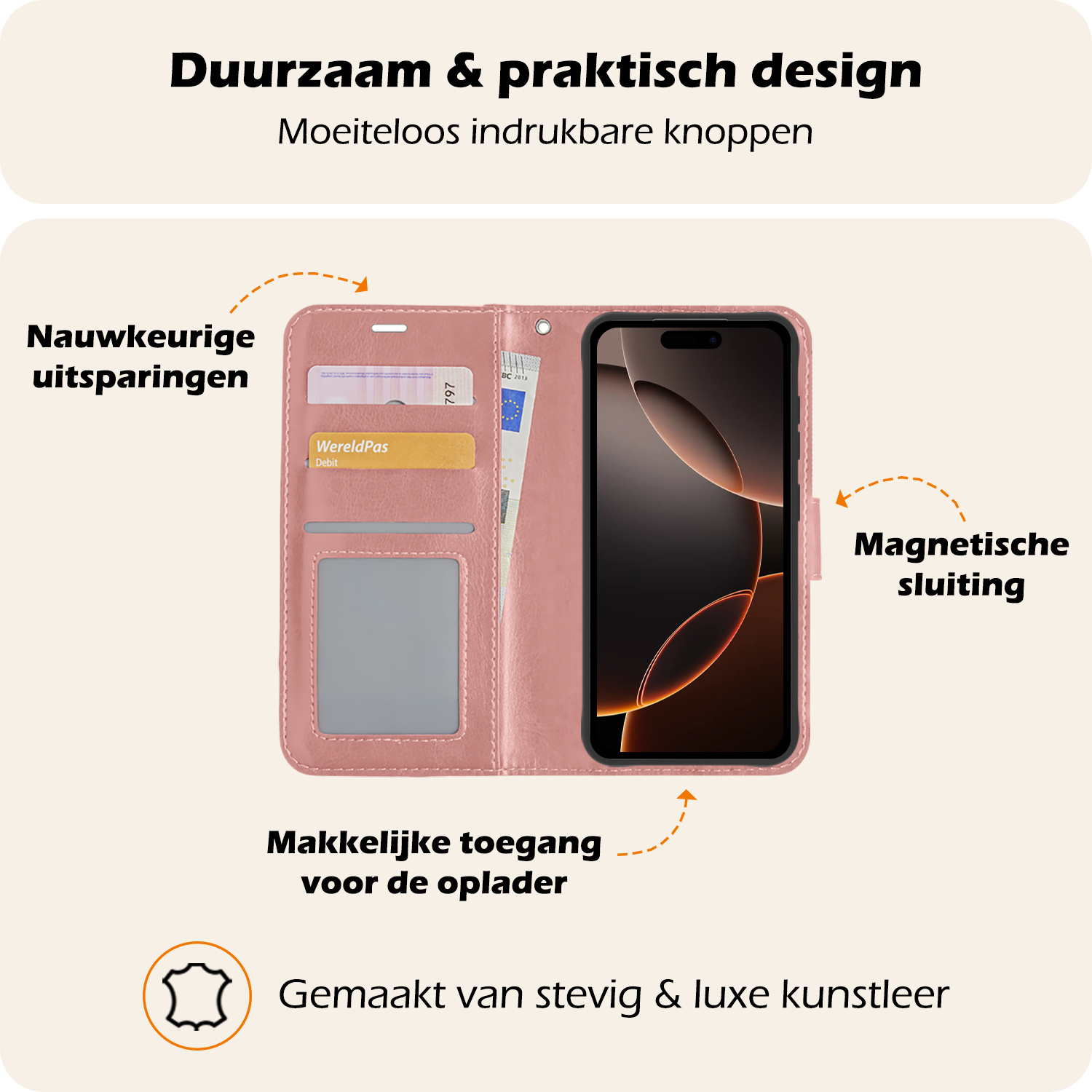 Nomfy Hoesje Geschikt voor iPhone 16 Pro Max Hoes Bookcase Flipcase Book Cover Met 2x Screenprotector - Hoes Geschikt voor iPhone 16 Pro Max Hoesje Book Case - Rosé goud