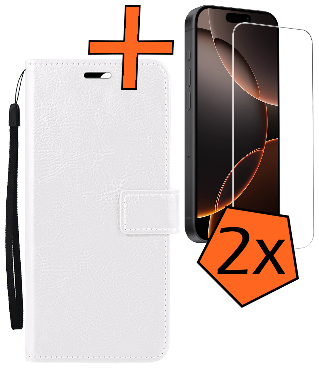 Nomfy Hoesje Geschikt voor iPhone 16 Pro Max Hoes Bookcase Flipcase Book Cover Met 2x Screenprotector - Hoes Geschikt voor iPhone 16 Pro Max Hoesje Book Case - Wit