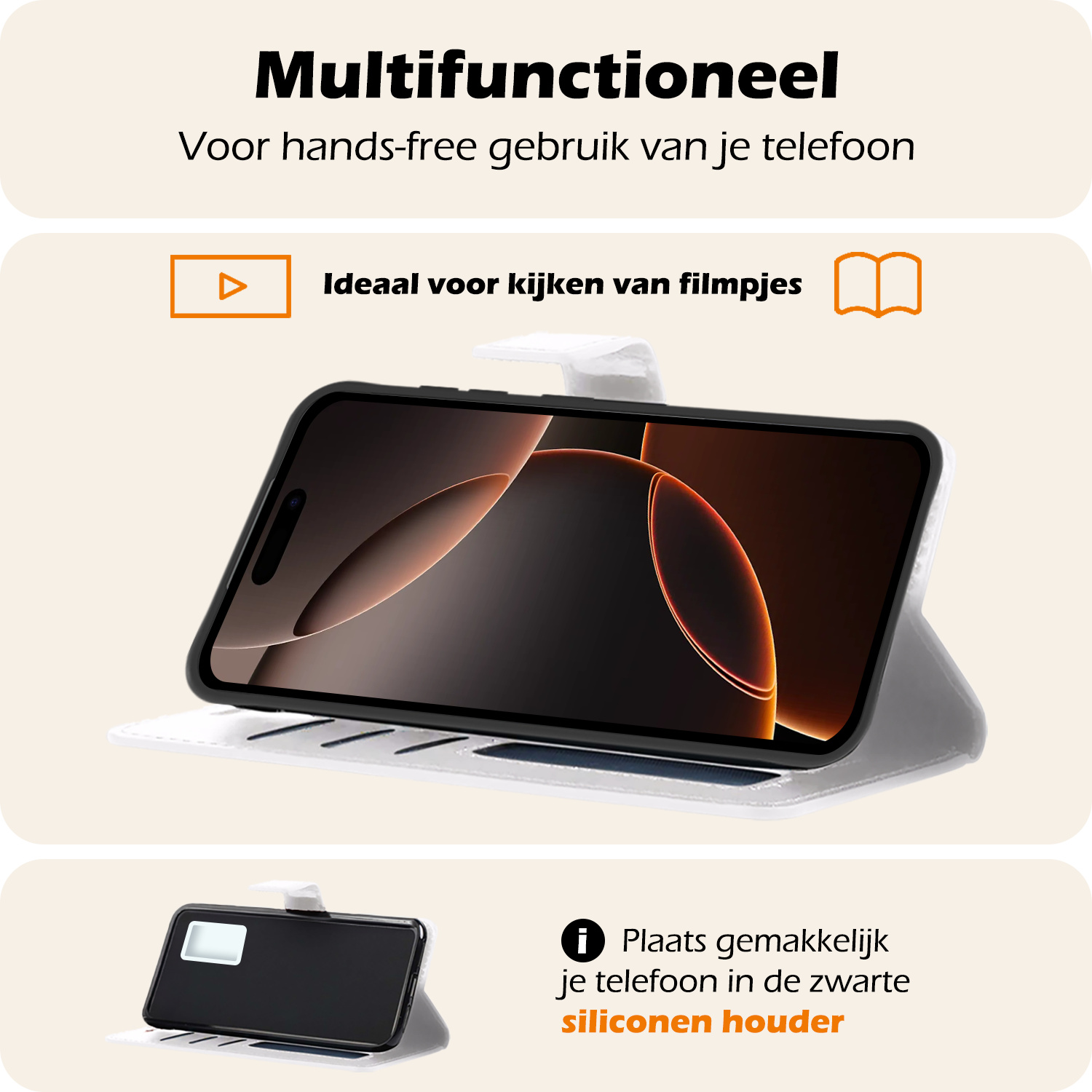 Nomfy Hoesje Geschikt voor iPhone 16 Pro Max Hoes Bookcase Flipcase Book Cover Met 2x Screenprotector - Hoes Geschikt voor iPhone 16 Pro Max Hoesje Book Case - Wit