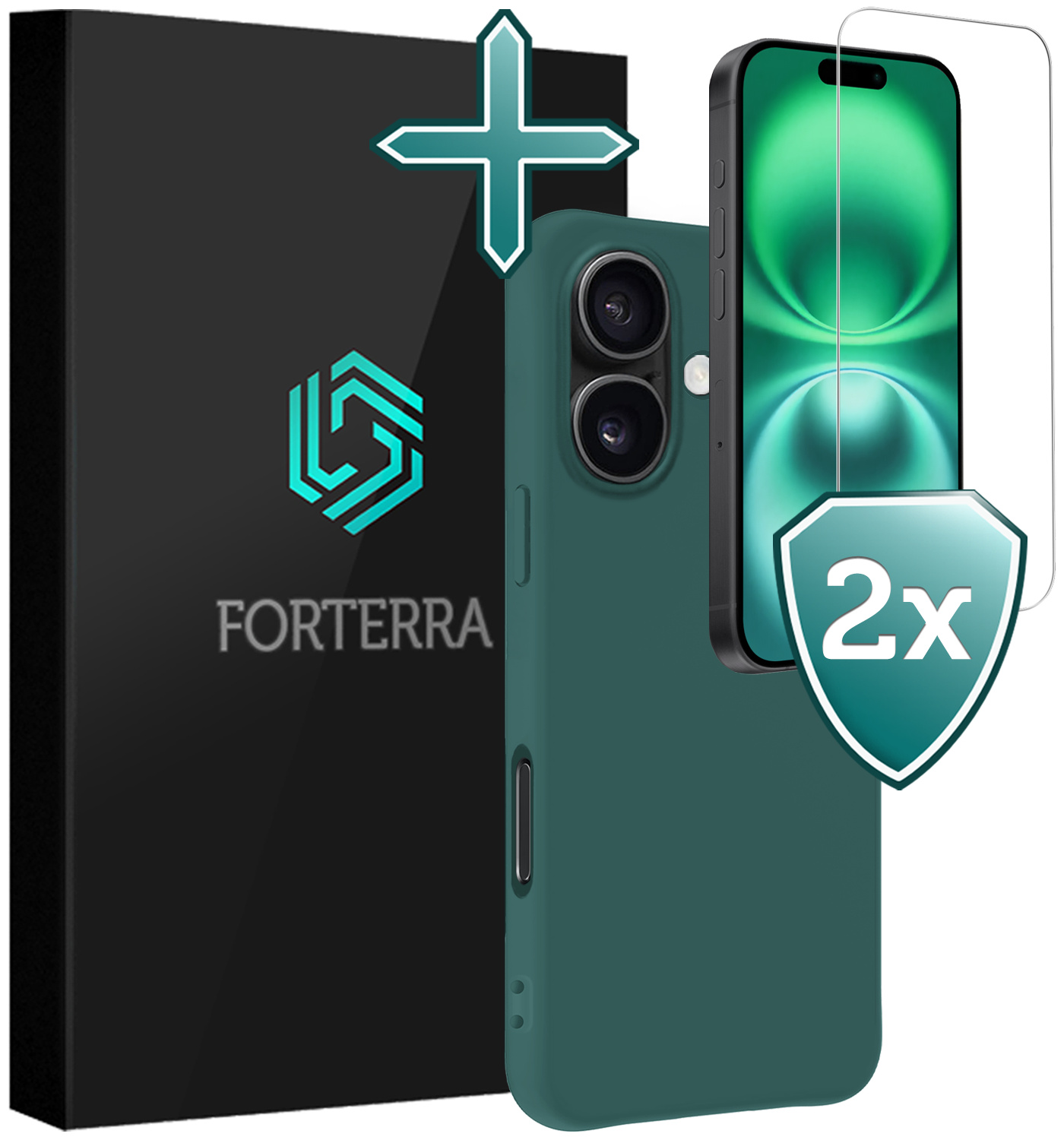 Forterra Hoesje Geschikt voor iPhone 16 Plus Case Siliconen Hoes Met 2x Screenprotector - Hoes Geschikt voor iPhone 16 Plus Hoesje Back Cover - Donkergroen