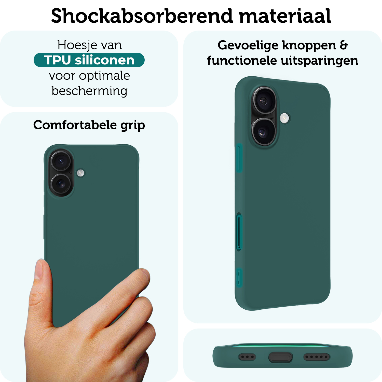 Forterra Hoesje Geschikt voor iPhone 16 Plus Case Siliconen Hoes Met 2x Screenprotector - Hoes Geschikt voor iPhone 16 Plus Hoesje Back Cover - Donkergroen