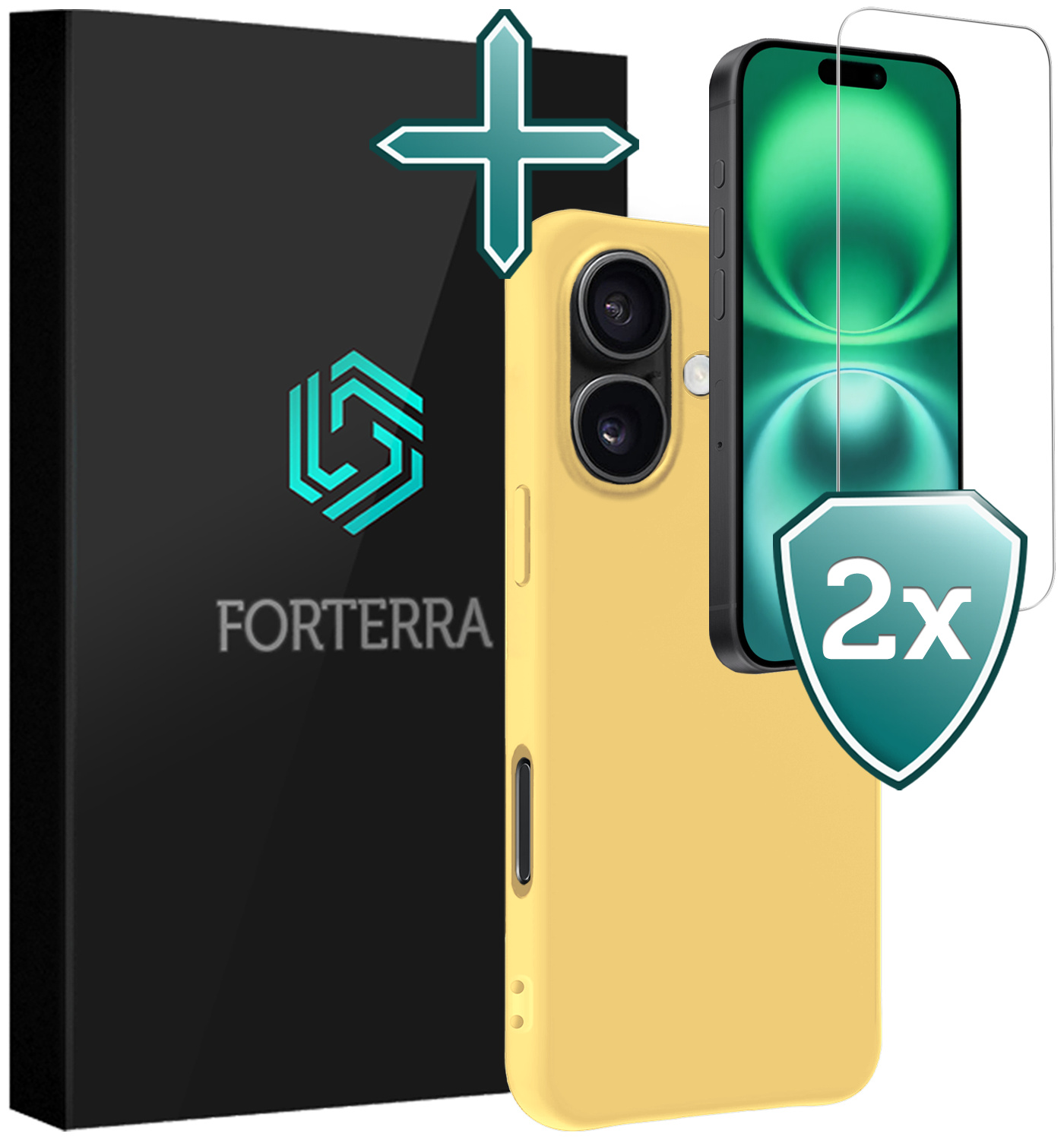 Forterra Hoesje Geschikt voor iPhone 16 Plus Case Siliconen Hoes Met 2x Screenprotector - Hoes Geschikt voor iPhone 16 Plus Hoesje Back Cover - Geel