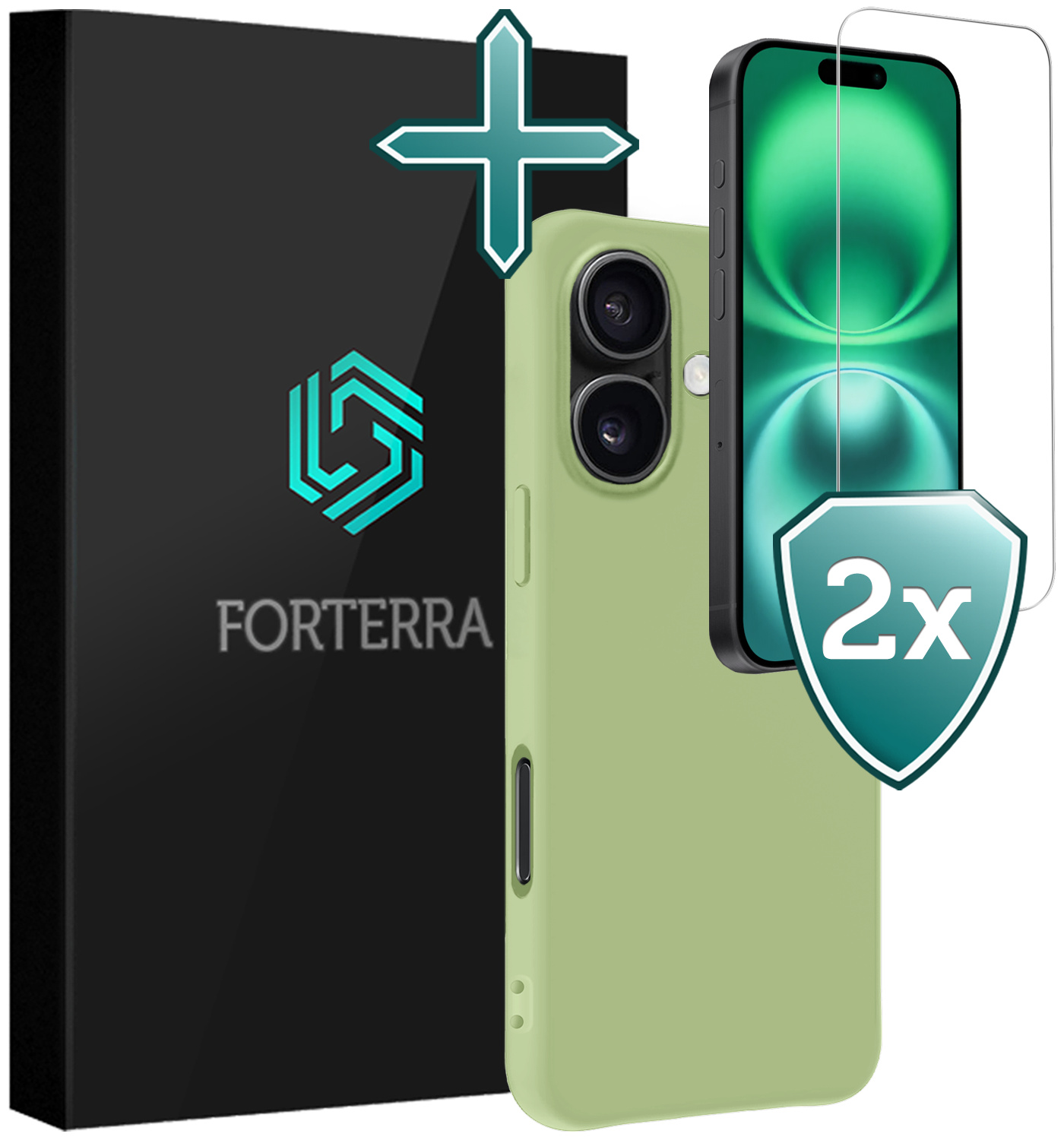 Forterra Hoesje Geschikt voor iPhone 16 Plus Case Siliconen Hoes Met 2x Screenprotector - Hoes Geschikt voor iPhone 16 Plus Hoesje Back Cover - Groen