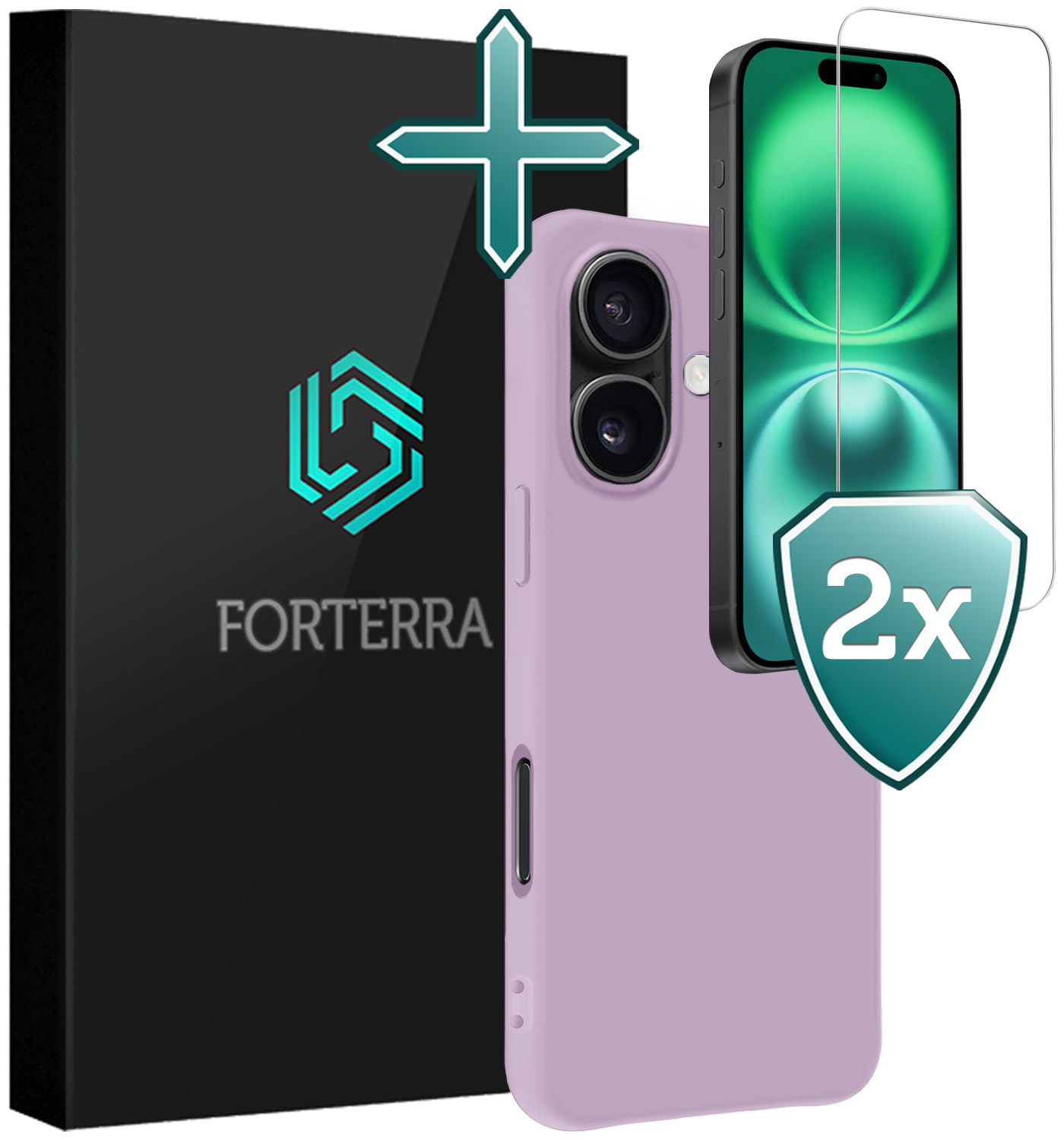 Forterra Hoesje Geschikt voor iPhone 16 Plus Case Siliconen Hoes Met 2x Screenprotector - Hoes Geschikt voor iPhone 16 Plus Hoesje Back Cover - Lila