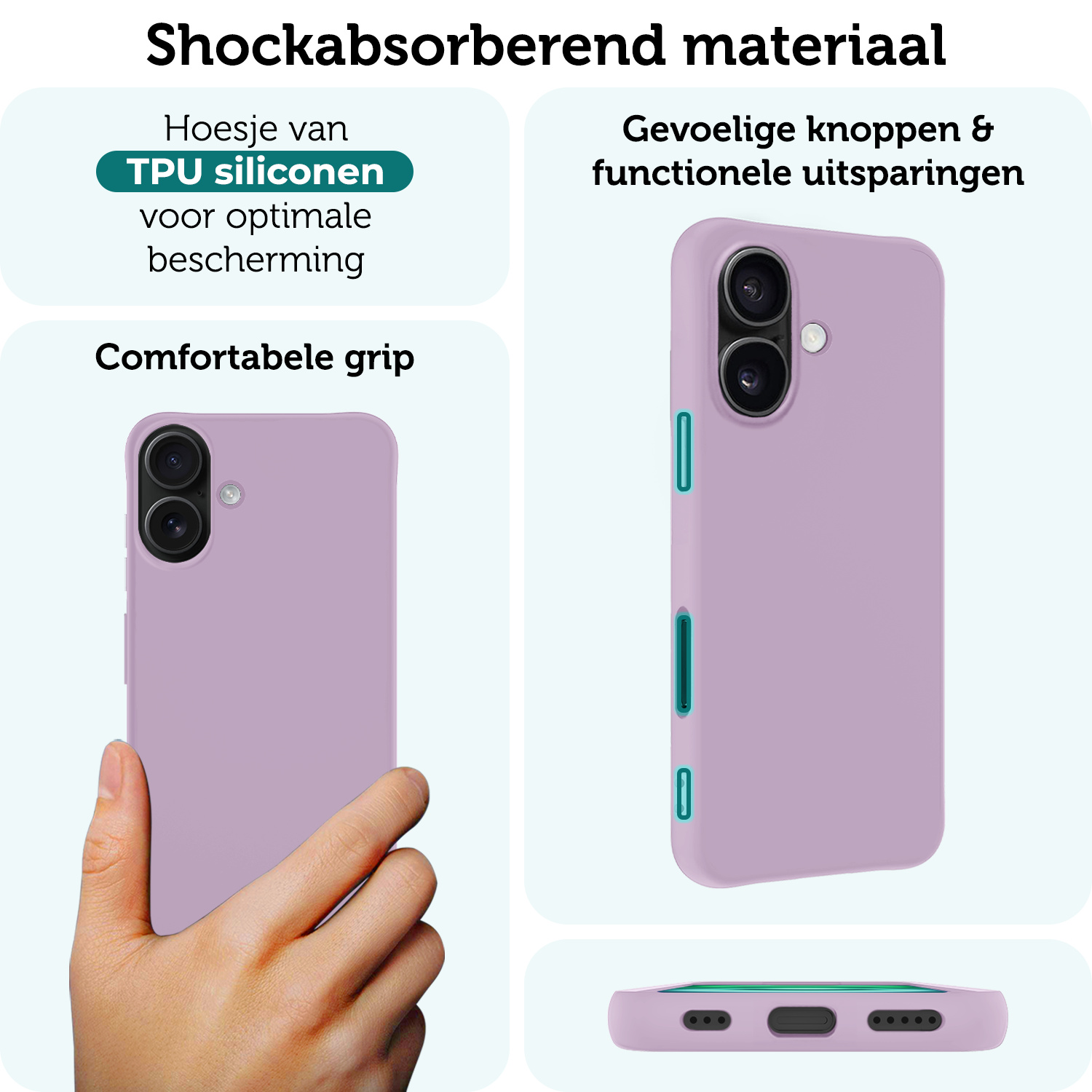 Forterra Hoesje Geschikt voor iPhone 16 Plus Case Siliconen Hoes Met 2x Screenprotector - Hoes Geschikt voor iPhone 16 Plus Hoesje Back Cover - Lila