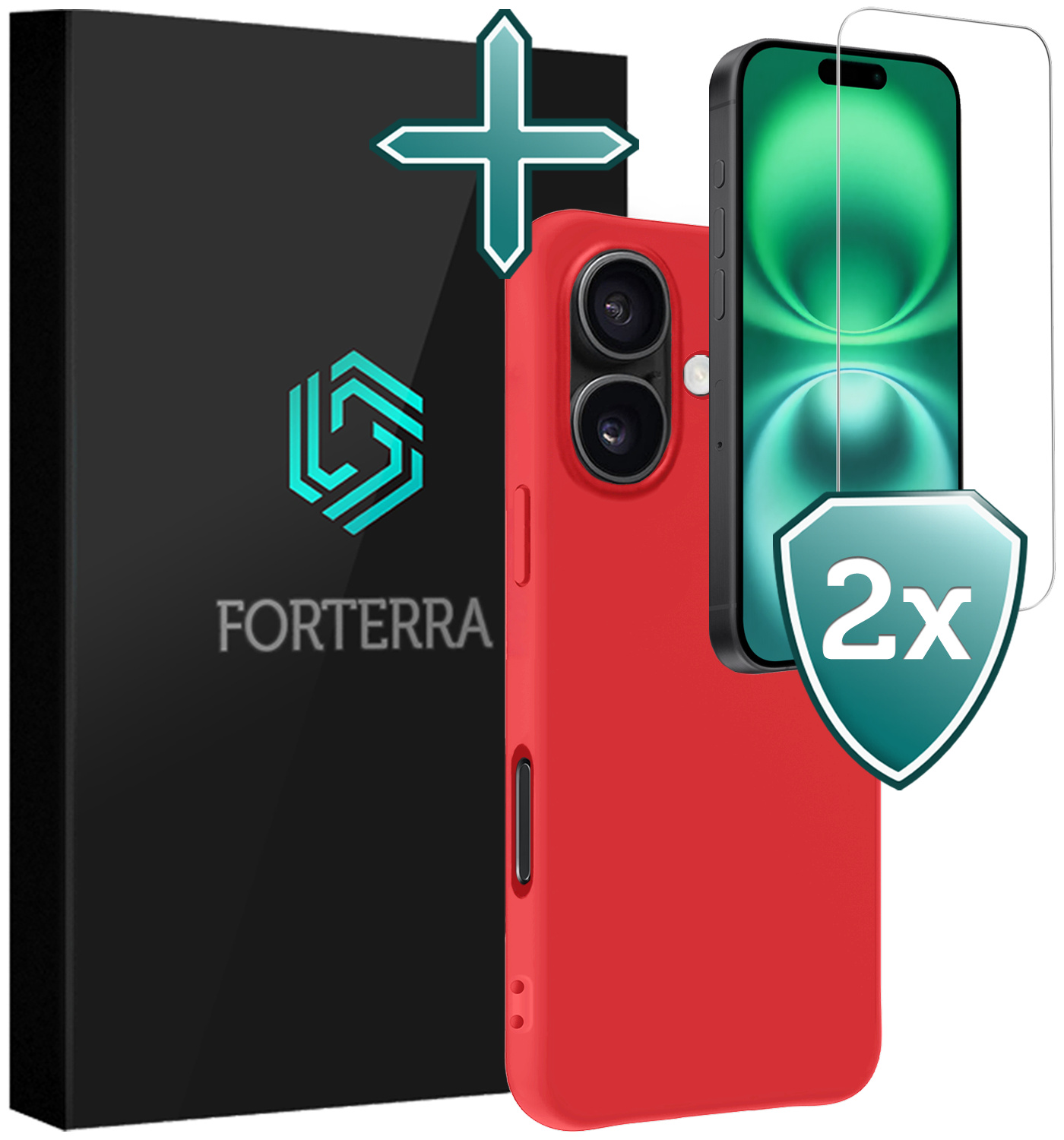 Forterra Hoesje Geschikt voor iPhone 16 Plus Case Siliconen Hoes Met 2x Screenprotector - Hoes Geschikt voor iPhone 16 Plus Hoesje Back Cover - Rood